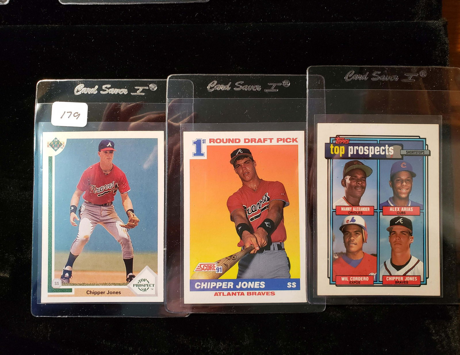 LOT OF 3 CHIPPER JONES ATLANTA BRAVES ROOKIE CARD 2018: 1991 UPPER DECK #55, 1991 SCORE #671, 1992 TOPPS TOP PROSPECTS CARD #551