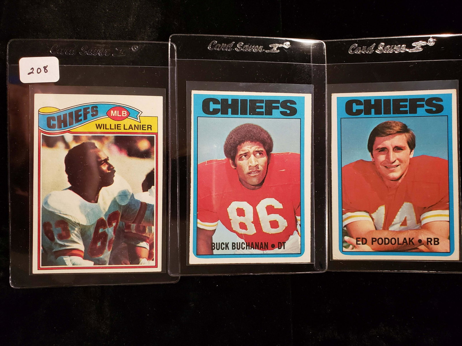 LOT OF 3 VINATGE KC CHIEFS FOOTBALL CARDS: 1972 TOPPS BUCK BUCHANAN AND ED PODOLAK, 1977 TOPPS WILLIE LANIER