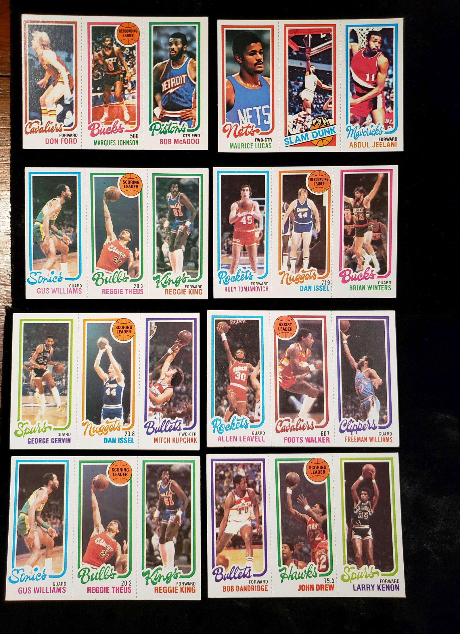 1980-81 TOPPS VINTAGE BASKETBALL CARDS 8 MINT PANELS: 1980 TOPPS BASKETBALL MINT PANELS WITH BILL CARTWRIGHT, FOOTS WALKER,WES UNSELD, ELVIN HAYES, JACK SIKMA