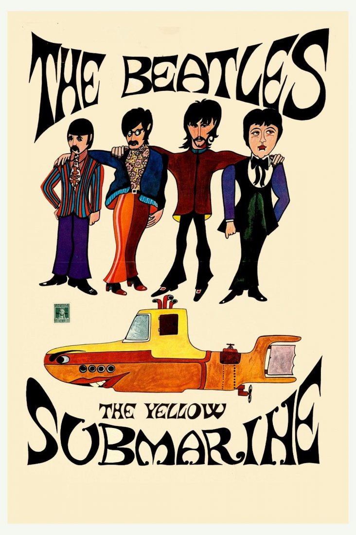 Beatles Yellow Submarine PROMO Window Card: This Poster 13" x 19" Promotional Poster/Window Card of The Beatles 1969 Italian cartoon movie Yellow Submarine was given to Record Stores during the Years that Capitol Records was repackaging The Bea