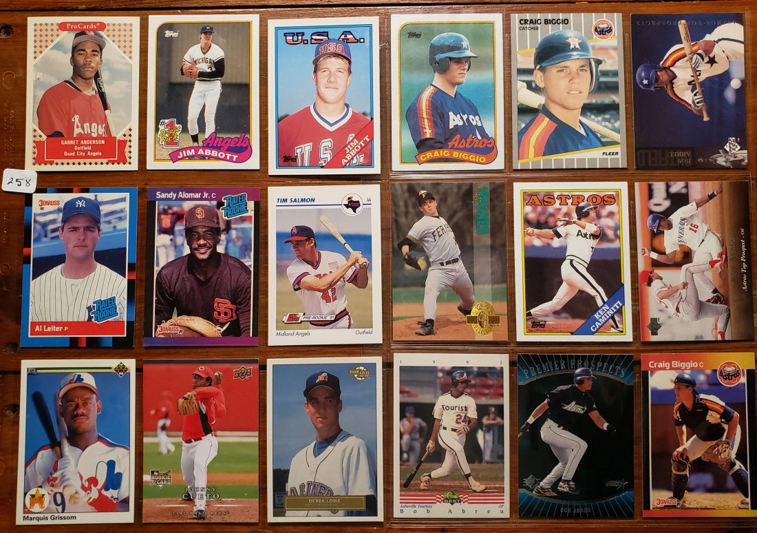 2-BINDER PAGES OF ROOKIE BASEBALL CARDS: LOT OF 18 TOP ROOKIE AND PROSPECT CARDS IN MINT CONDITION.JIM ABBOTT, AL LEITER, JOHNNY CUETO, DEREK LOWE, CRAIG BIGGIO, BOB ABREU, KEN CAMINITI