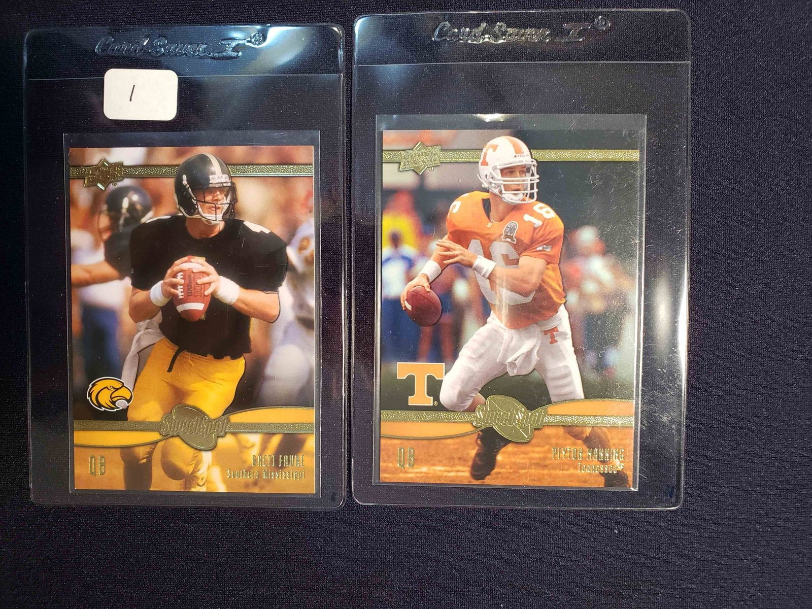 2010 UPPER DECK SWEET SPOT FOOTBALL CARDS: BRETT FAVRE AND PEYTON MANNING COLLEGE UNIFORM CARDS