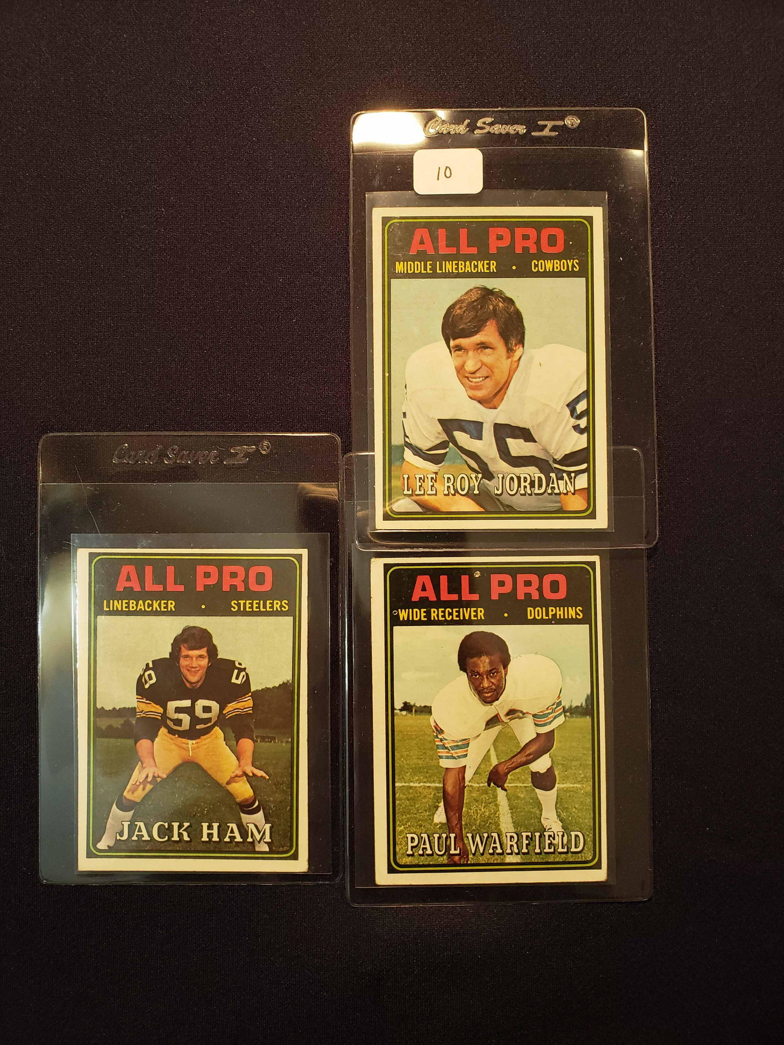 1974 TOPPS FOOTBALL ALL PRO CARDS: JACK HAM, LEE ROY JORDAN, AND PAUL WARFIELD ALL-PROS
