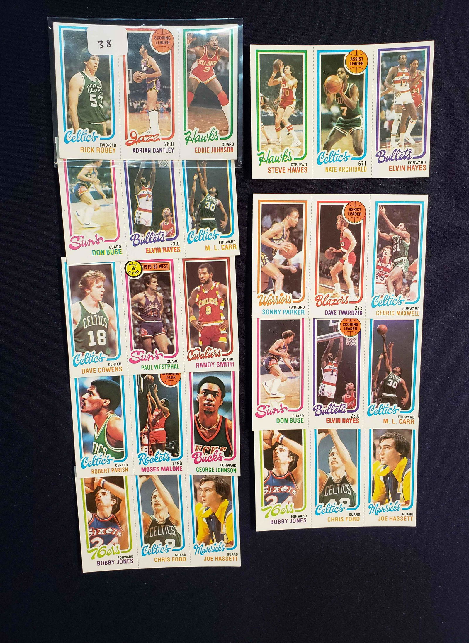BOSTON CELTICS 1980-81 TOPPS BASKETBALL 9 MINT PANELS: CHRIS FORD, ROBERT PARISH, DAVE COWENS, M.L. CARR, NATE ARCHIBALD, CEDRIC MAXWELL & RICK ROBEY 1980-81 TOPPS VINTAGE BASKETBALL CARDS 8 MINT PANELS