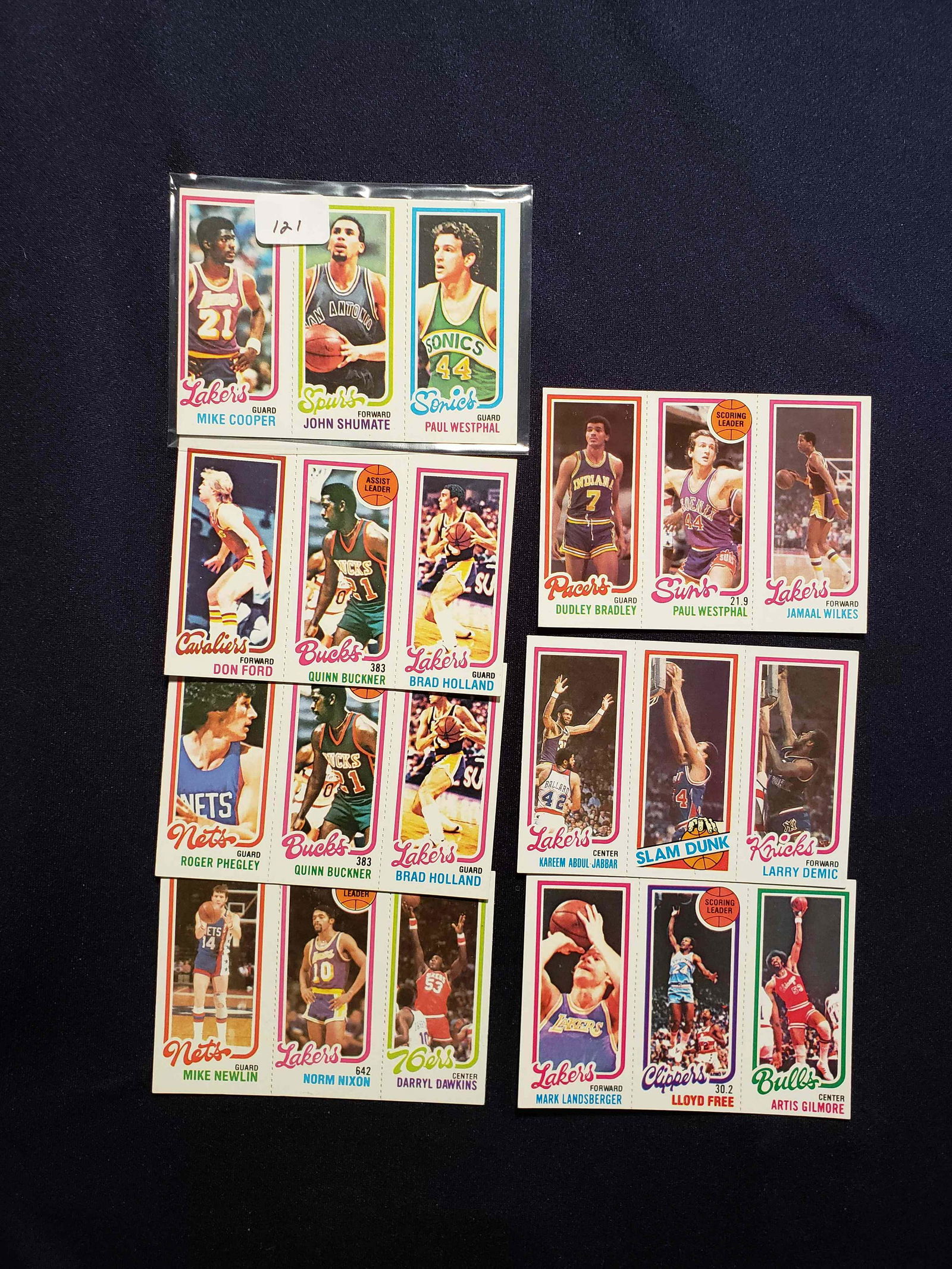 LOS ANGELES LAKERS 1980-81 TOPPS BASKETBALL 9 MINT: KAREEM ABDUL JABBAR, MICHAEL COOPER, MARK LANDSBERG 1980-81 TOPPS VINTAGE BASKETBALL CARDS 8 MINT PANELS