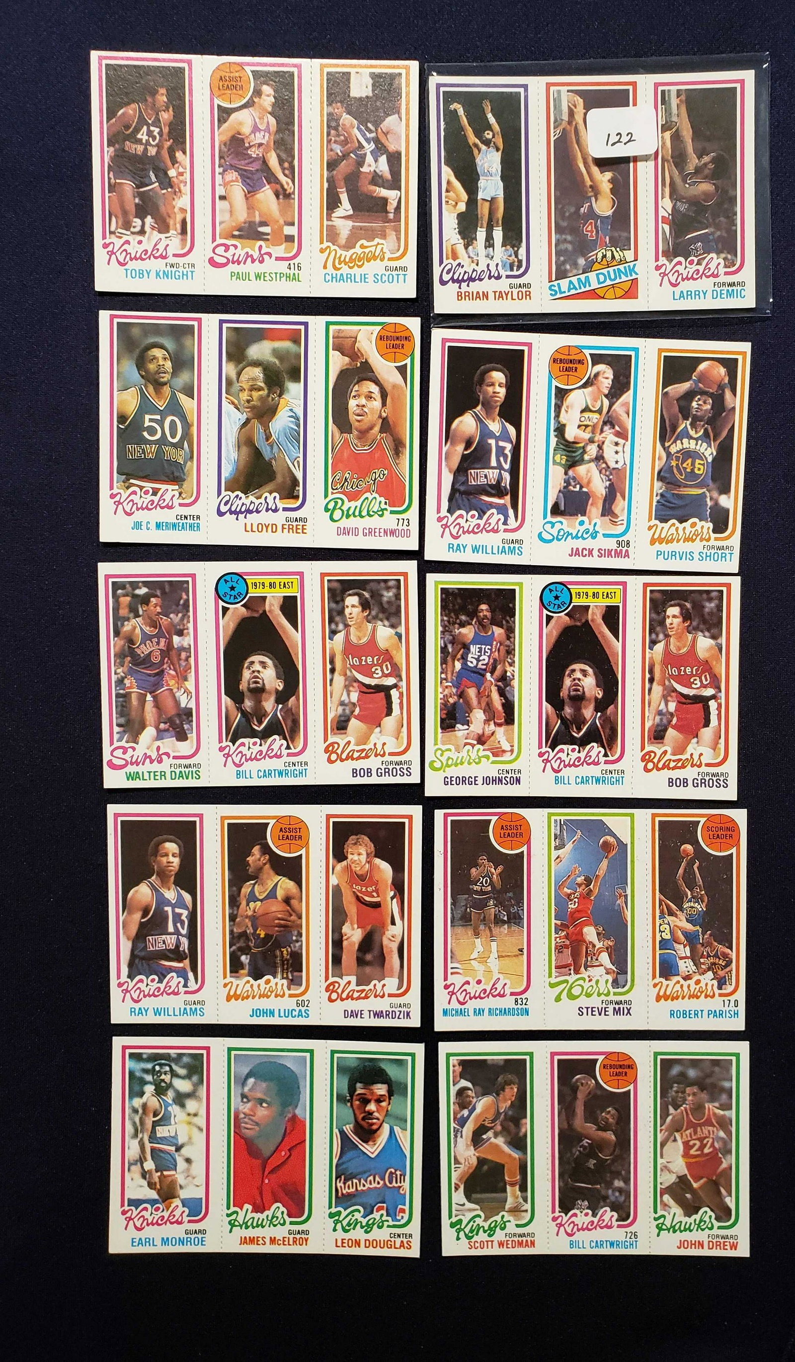 NEW YORK KNICKS 1980-81 TOPPS BASKETBALL 9 MINT PANELS: BILL CARTWRIGHT, LARRY DEMIC,TOBY KNIGHT, EARL MONROE, 1980-81 TOPPS VINTAGE BASKETBALL CARDS 8 MINT PANELS