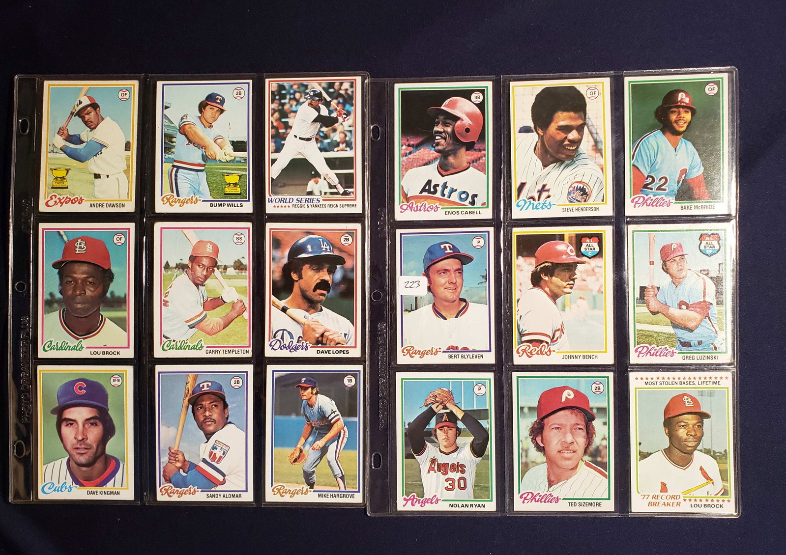 2 BINDER PAGES FULL OF 1978 TOPPS WITH STARS/HOFERS: LOU BROCK, SANDY ALOMAR, DAVE KINGMAN, THE HAWK ANDRE DAWSON, NOLAN RYAN, JOHNNY BENCH