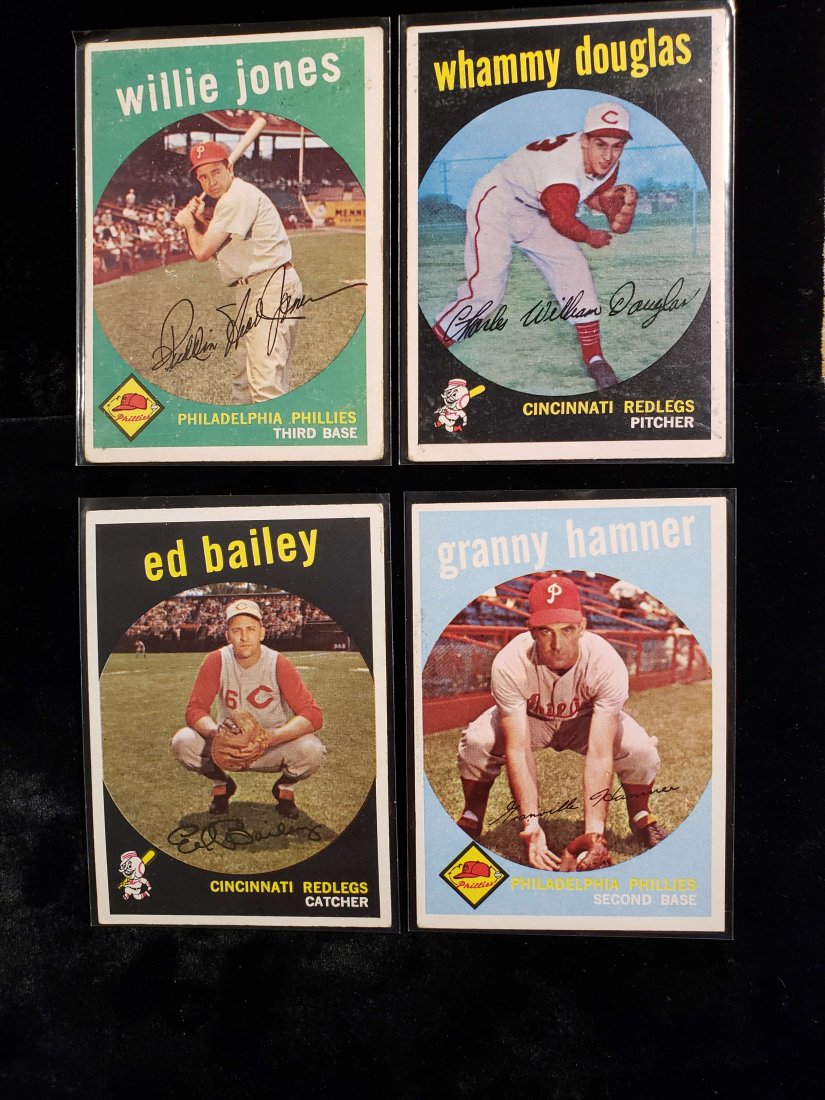 1959 TOPPS BASEBALL CARDS IN EXCELLENT SHAPE: LOT OF 4 VINTAGE TOPPS BASEBALL CARDS. INCLUDES WILLIE JONES PHILLIES CARD #208, ED BAILEY #210, WHAMMY DOUGLAS #431 AND PHILLIES GRANNY HAMMER CARD #436