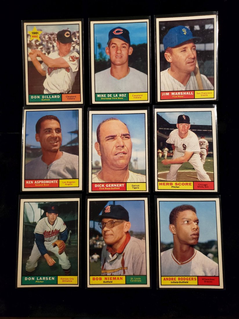 1961 TOPPS BASEBALL CARD HIGH GRADE LOT NRMT-MT: 9 COUNT LOT OF 1961 TOPPS BETTER GRADE DON LARSEN #177 KANSAS CITY A'S, HERB SCORE WHITE SOX CARD #185 AND JIM MARSHALL GIANTS