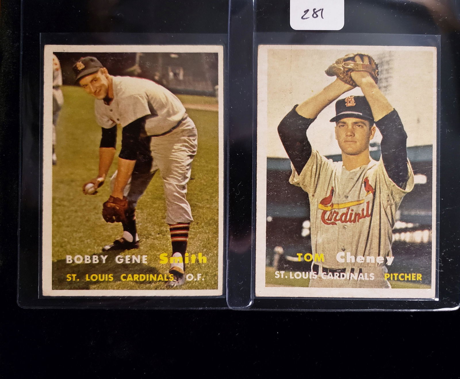 1957 TOPPS VINTAGE BASEBALL CARDS LOT: TOM CHENEY ST. LOUIS CARD #359 & BOBBY GENE SMITH CARDINALS #384 EX+ TO NRMT CLEAN AND PROBLEM FREE FRONT AND BACK