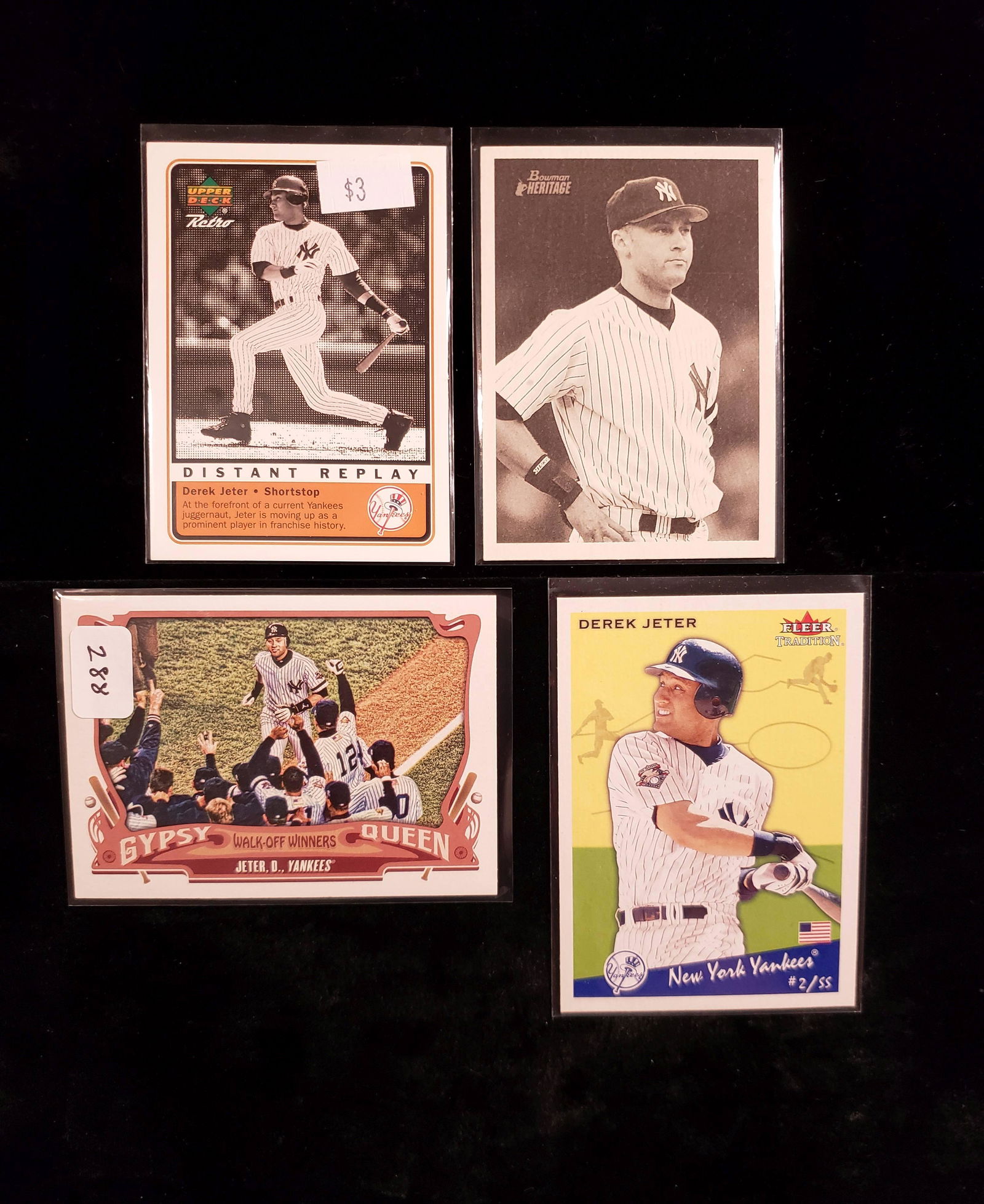 DEREK JETER BASEBALL HALL OF FAMER RETRO CARD LOT: 1999 UPPER DECK RETRO, 2001 TOPPS HERITAGE, 2002 FLEER TRADITION, 2015 GYPSY QUEEN
