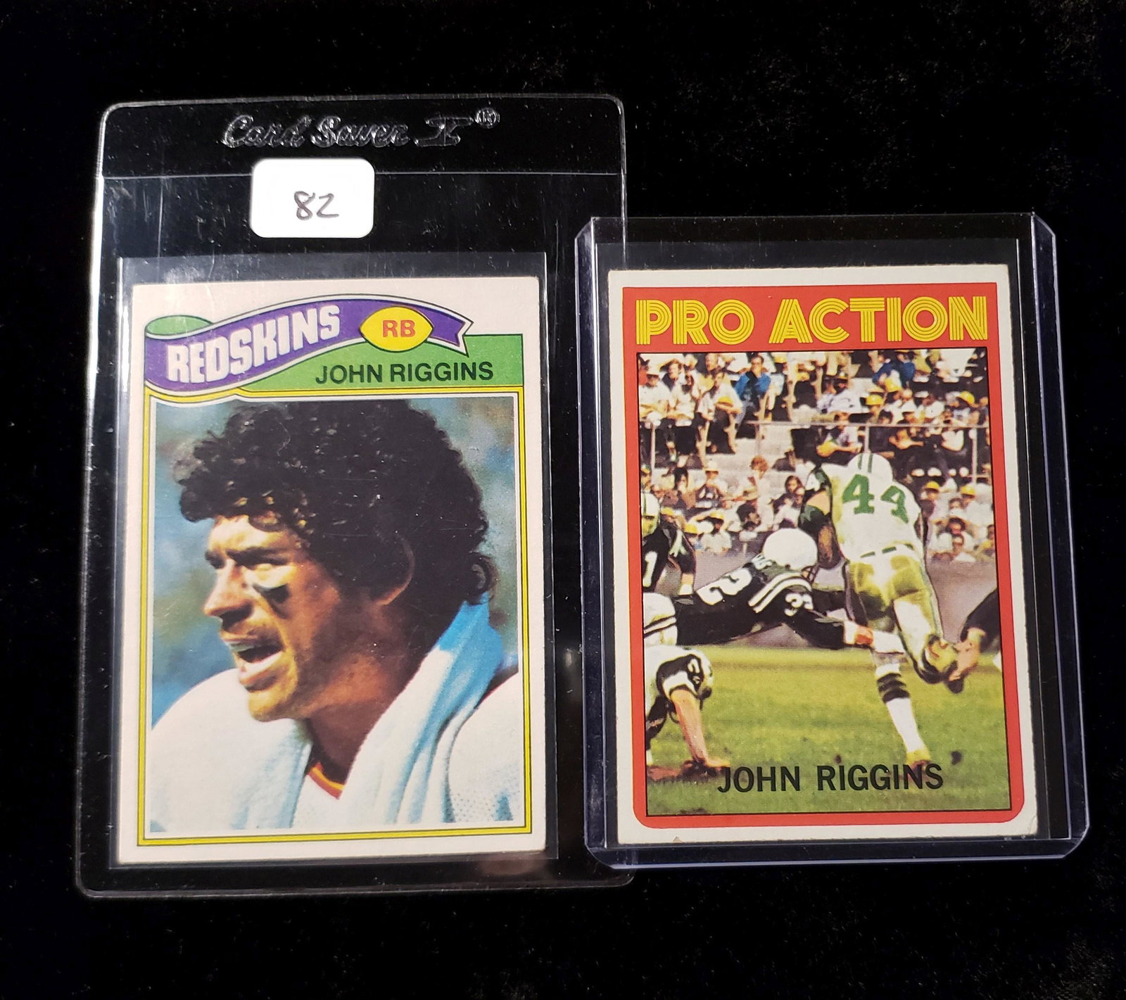 VINTAGE NFL FOOTBALL HALL OF FAMER CARDS: 1972 TOPPS #126 JOHN RIGGINS NY JETS PRO ACTION AND 1977 TOPPS #55 JOHN RIGGINS REDSKINS