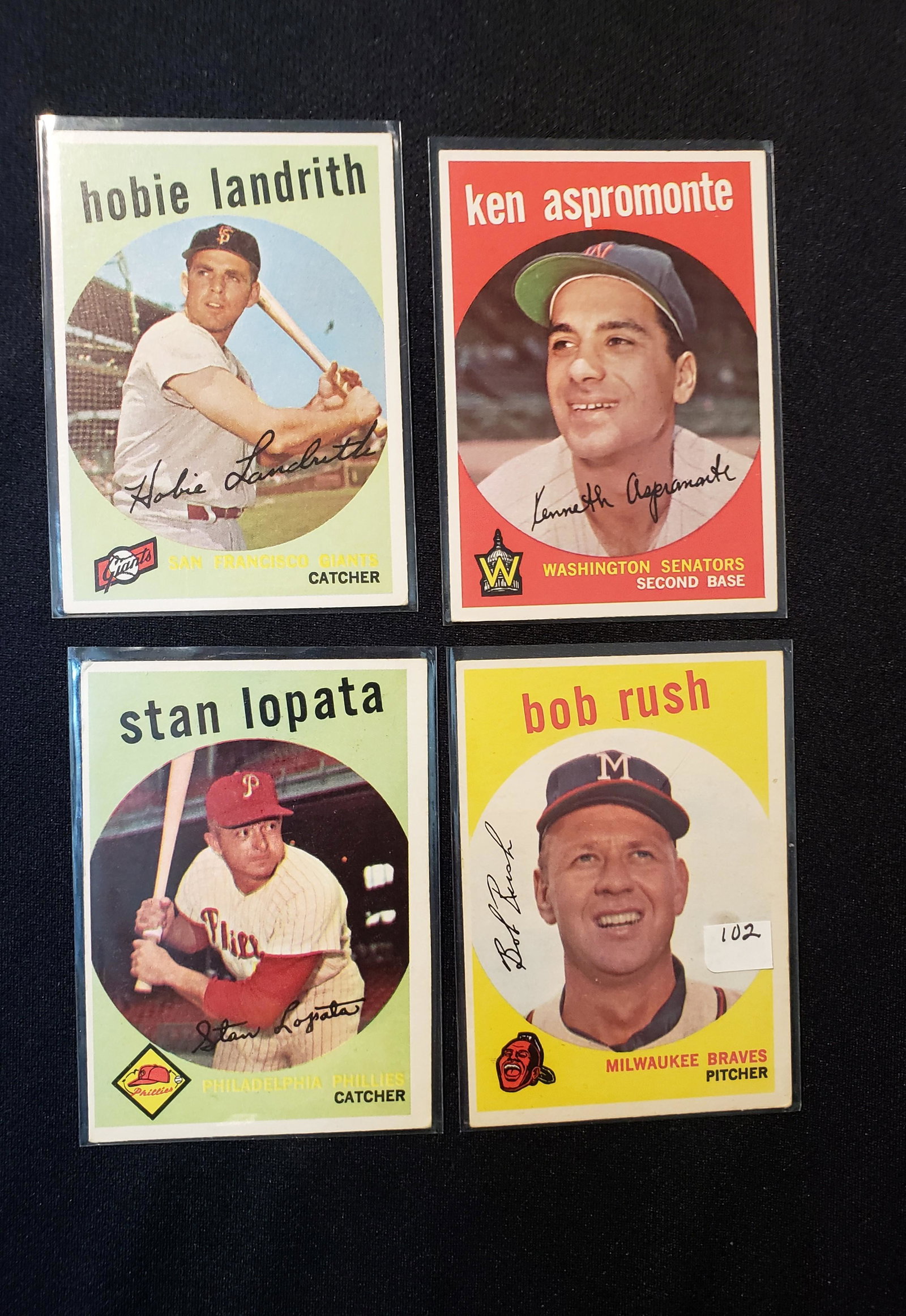 1959 TOPPS VINTAGE BASEBALL CARDS EXCELLENT CONDITION: KEN ASPROMONTE, HOBIE LANDRITH ,STAN LOPATA, BOB RUSH