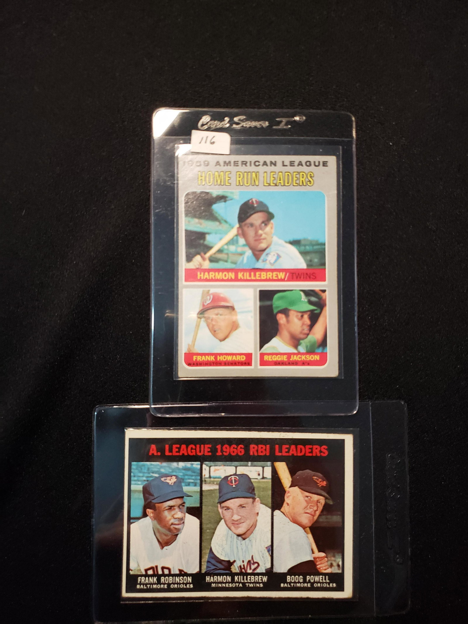 HARMON KILLEBREW MINNESOTA TWINS LEAGUE LEADERS CARDS: 1966 RBI LEADERS KILLEBREW, BOOG POWELL, FRANK ROBINSON (1967 TOPPS #241) AND 1969 HOME RUN LEADERS KILLEBREW, REGGIE JACKSON AND FRANK HOWARD (1970 TOPPS #66)