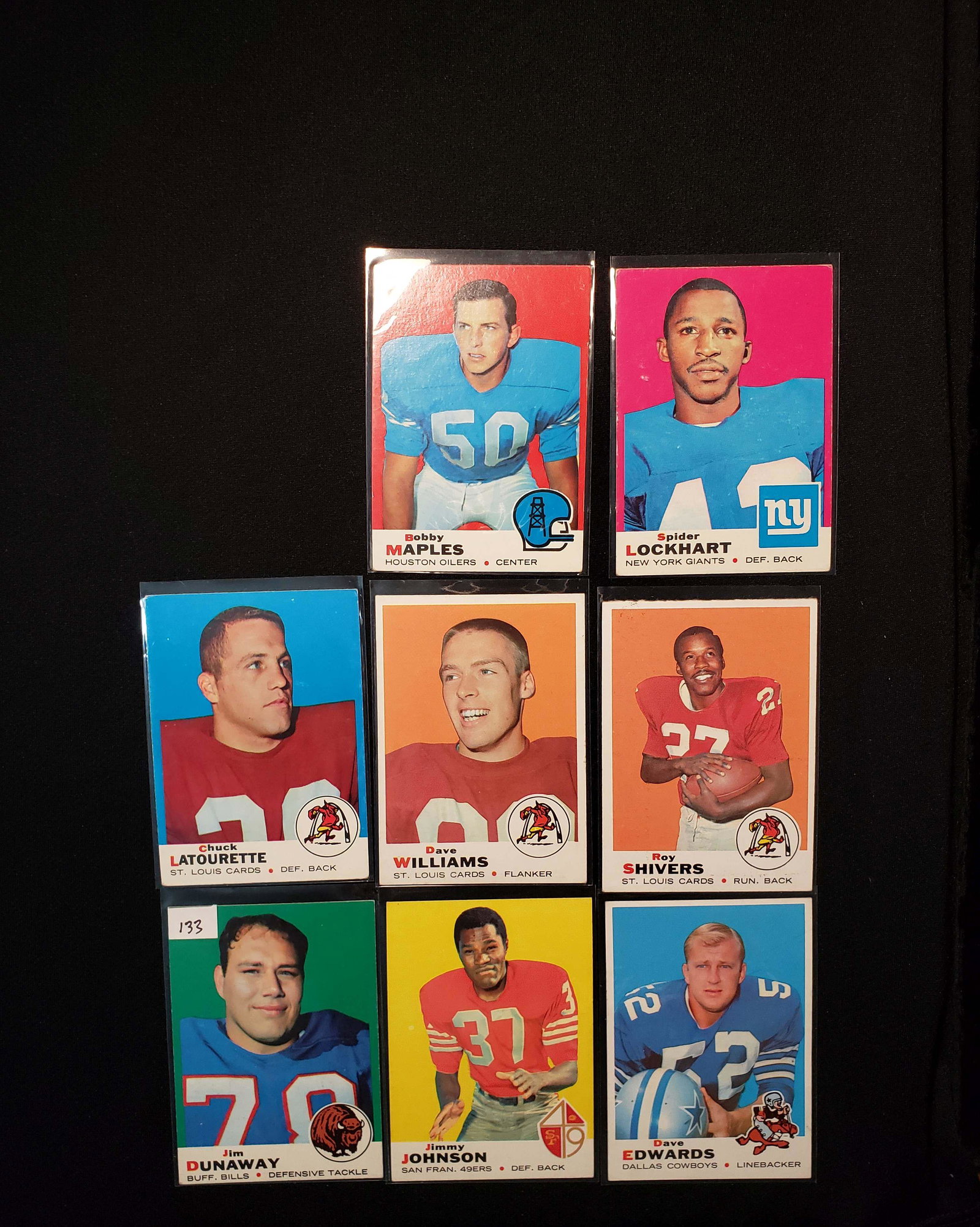 VINTAGE TOPPS FOOTBALL CARDS: 1969 TOPPS JIMMY JOHNSON #13 (NRMT) DAVE EDWARDS COWBOYS #210 (NRMT) #10, 19, 37, 112, 156, 178 CONDITION RANGES FROM VG TO NEAR MINT NO BEATERS AND TRIED TO PULL ANY CREASES ALL WITH GREAT EYE APPEAL