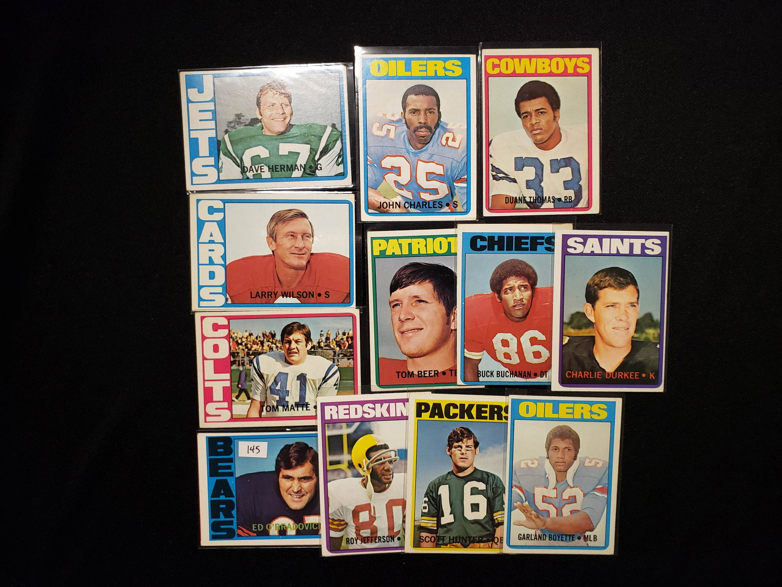 VINTAGE TOPPS FOOTBALL CARDS: 1972 TOPPS NICE 12 COUNT LOT WITH MOST NRMT BUCK BUCHANAN KC CHIEFS HOF, TOM MATTE COLTS, LARRY WILSON CARDS, DUANE THOMAS COWBOYS