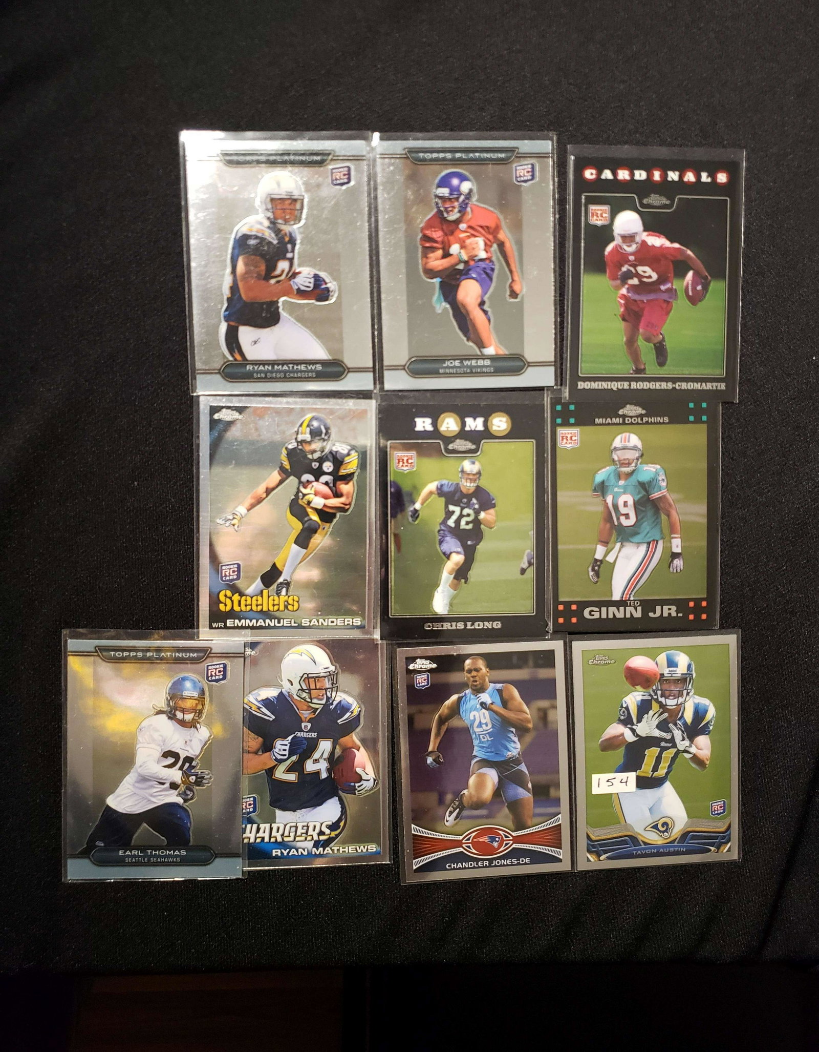 NFL FOOTBALL ROOKIE CARD COLLECTION: TOPPS CHROME ROOKIE CARDS RYAN MATTHEWS, EMMANUEL SANDERS, CHRIS LONG, TED GINN JR, EARL THOMAS