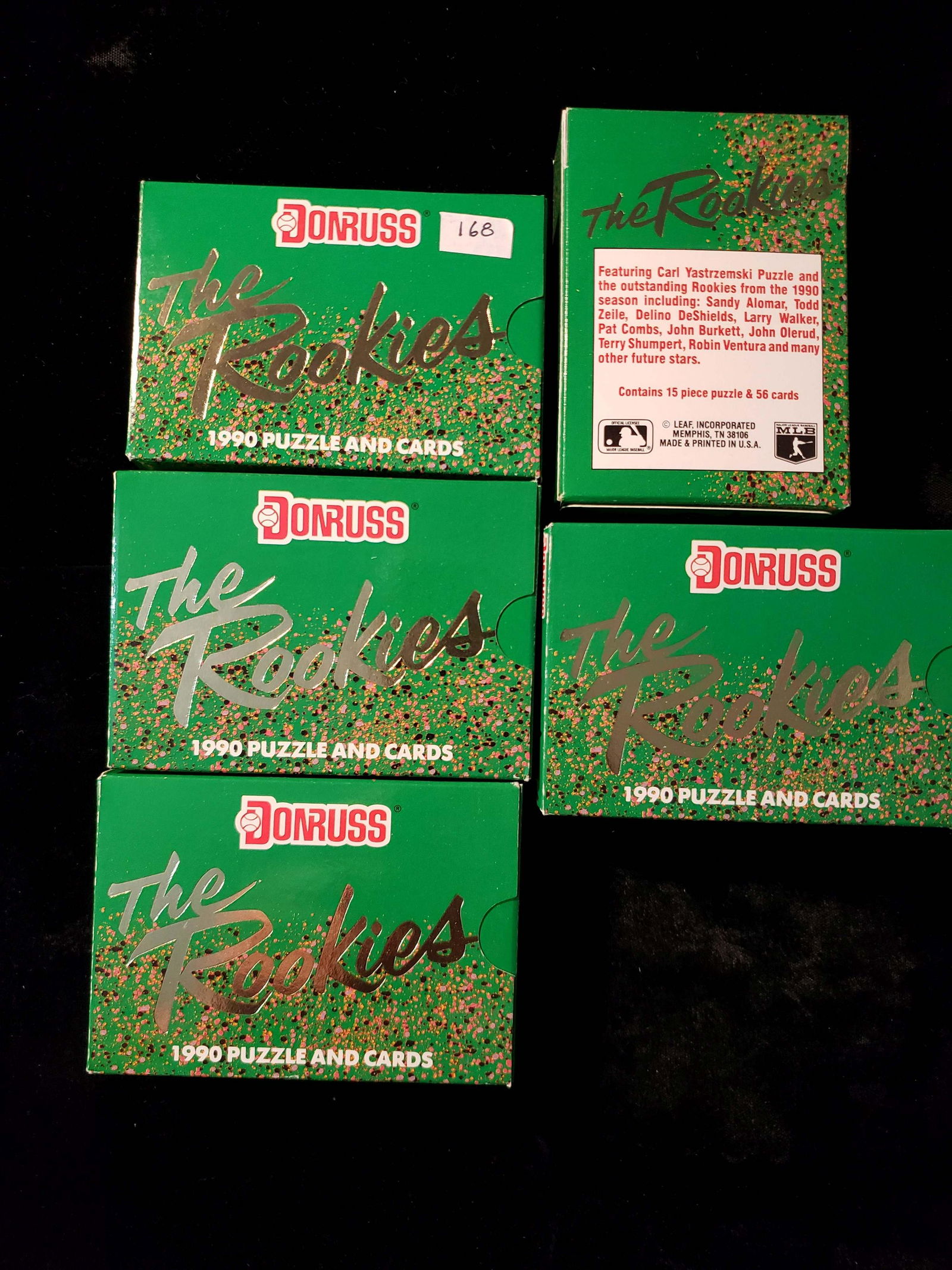 LOT OF 5 COMPLETE SETS 1990 DONRUSS THE ROOKIES: MINT IN BOX FEATURING CARL YASTRZEMSKI PUZZLE AND 1990'S BEST ROOKIES LIKE TODD WALKER, ROBIN VENTURA, SANDY ALOMAR