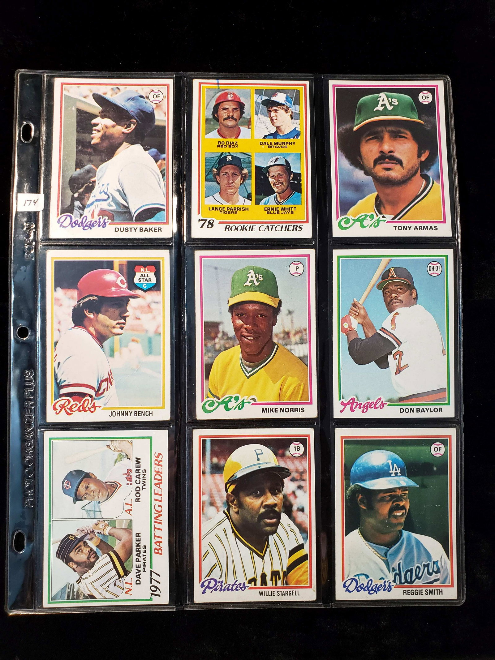 9-POCKET PAGE OF 1978 TOPPS BASEBALL CARDS W/ STARS: DALE MURPHY ROOKIE, BAKER, BENCH, CAREW, STARGELL