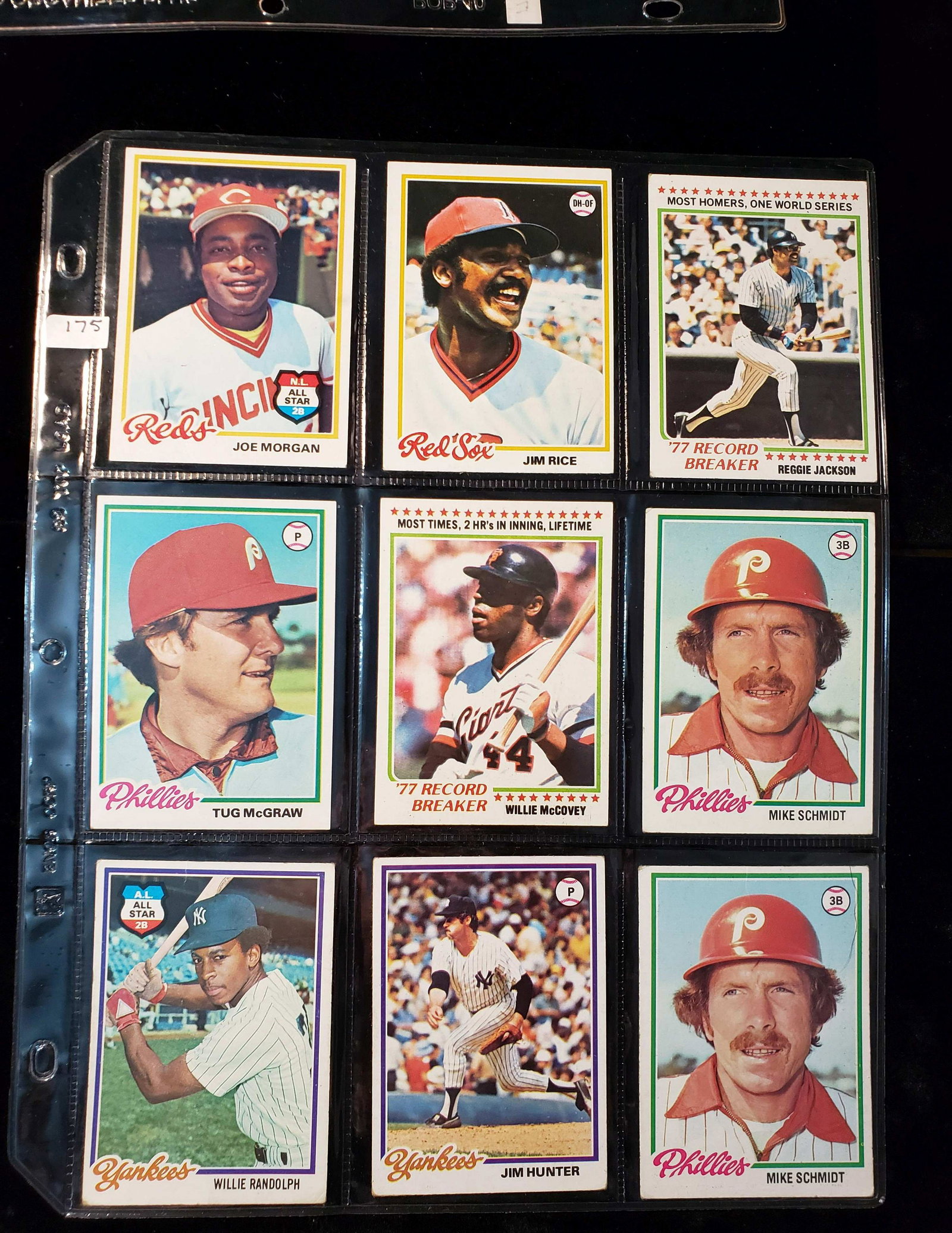 9-POCKET PAGE OF 1978 TOPPS BASEBALL CARDS W/ STARS: MORGAN, RICE, SCHMIDT, HUNTER, RANDOLPH