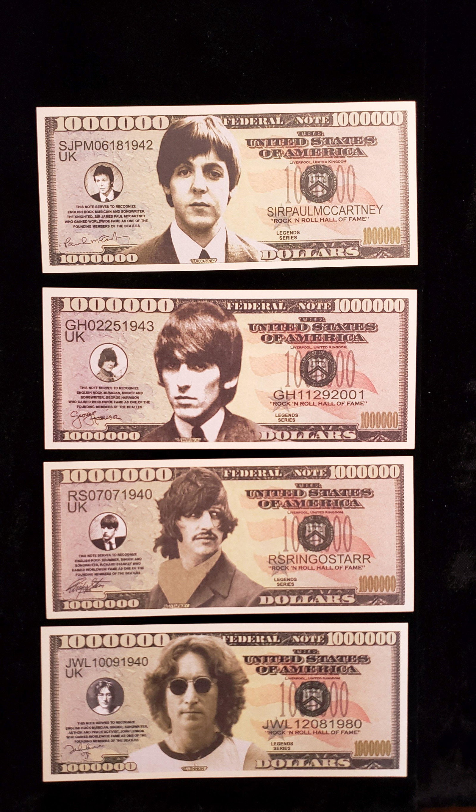 THE FAB 4 BEATLES FANTASY NOTES: McCartney Lennon Ringo Harrison Each of 4 Beatles Themed Notes
