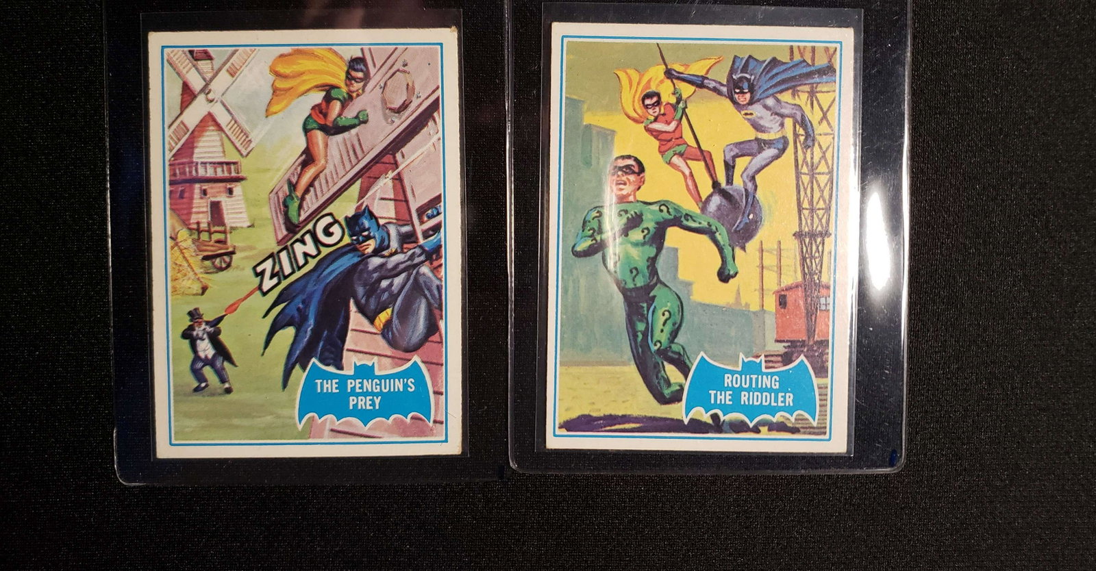 1966 BATMAN 'BLUE BAT' SERIES B TRADING CARDS: TOUGH FIND IN THIS CONDITION! CARD # 18B THE PENGUINS PREY & #22B ROUTING THE RIDDLER