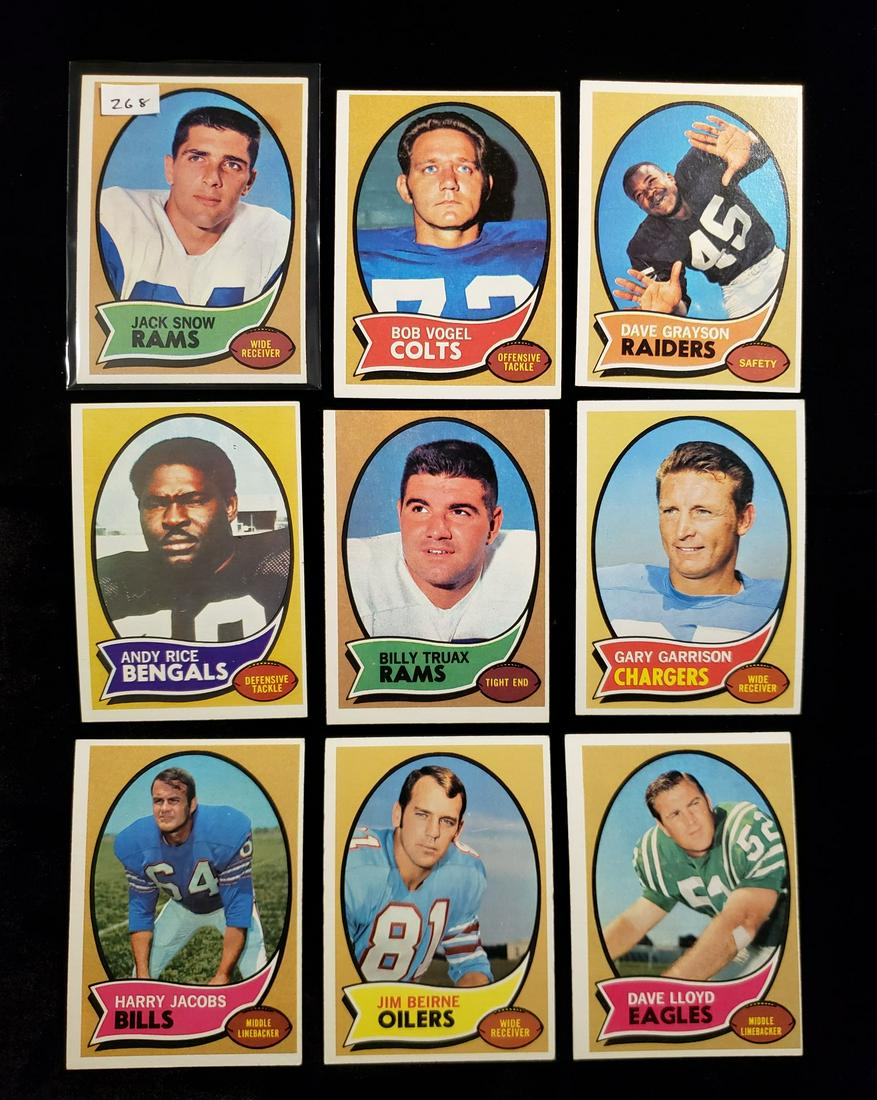 LOT OF 9 VINTAGE FOOTBALL CARDS EX+ OR BETTER: 1970 TOPPS FOOTBALL CARDS WITH ##44 JACK SNOW, ##23 GARY GARRISON & 13, 15, 18, 19, 21, 21, 42
