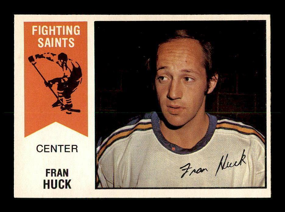 VINTAGE HOCKEY TRADING CARDS: 1974-75 O-Pee-Chee WHA #28 Fran Huck EXMT/EXMT+, #15 Ron Climie EX/EX+, #45 Wayne Carleton EXMT/EXMT+, #61 Gary Jarrett EXMT/EXMT+,