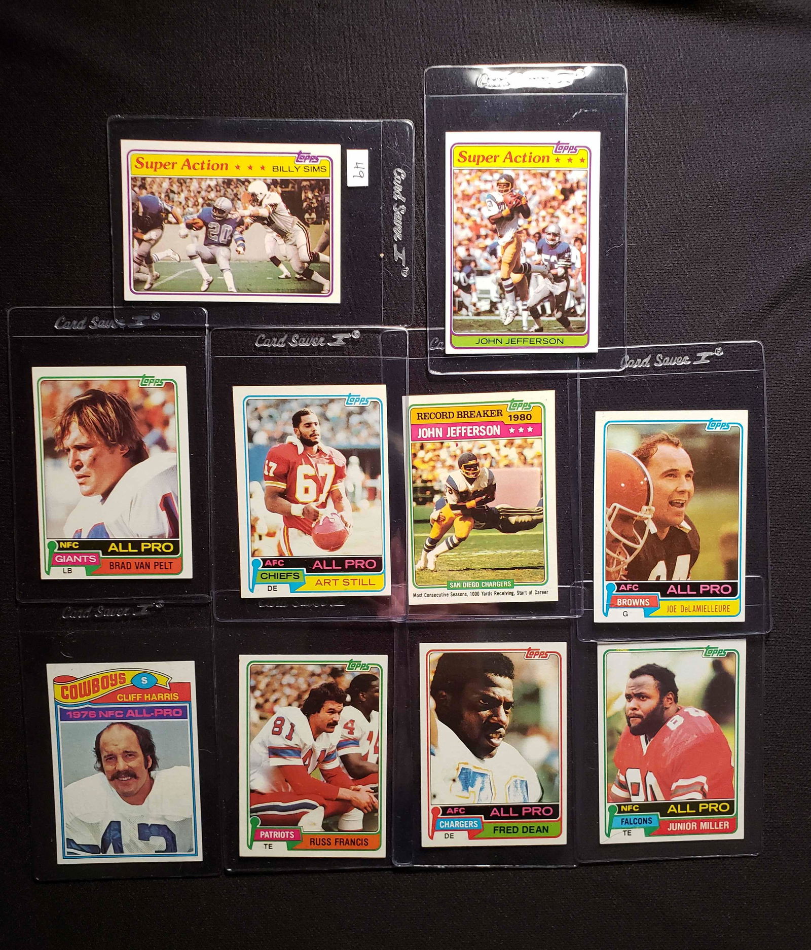 VINTAGE NFL FOOTBALL CARDS STARS AND HALL OF FAMERS: MINTY FRESH LOT OF 9 FOOTBALL STARS JOHN JEFFERSON, ART STILL, BILLY SIMS SUPER ACTION