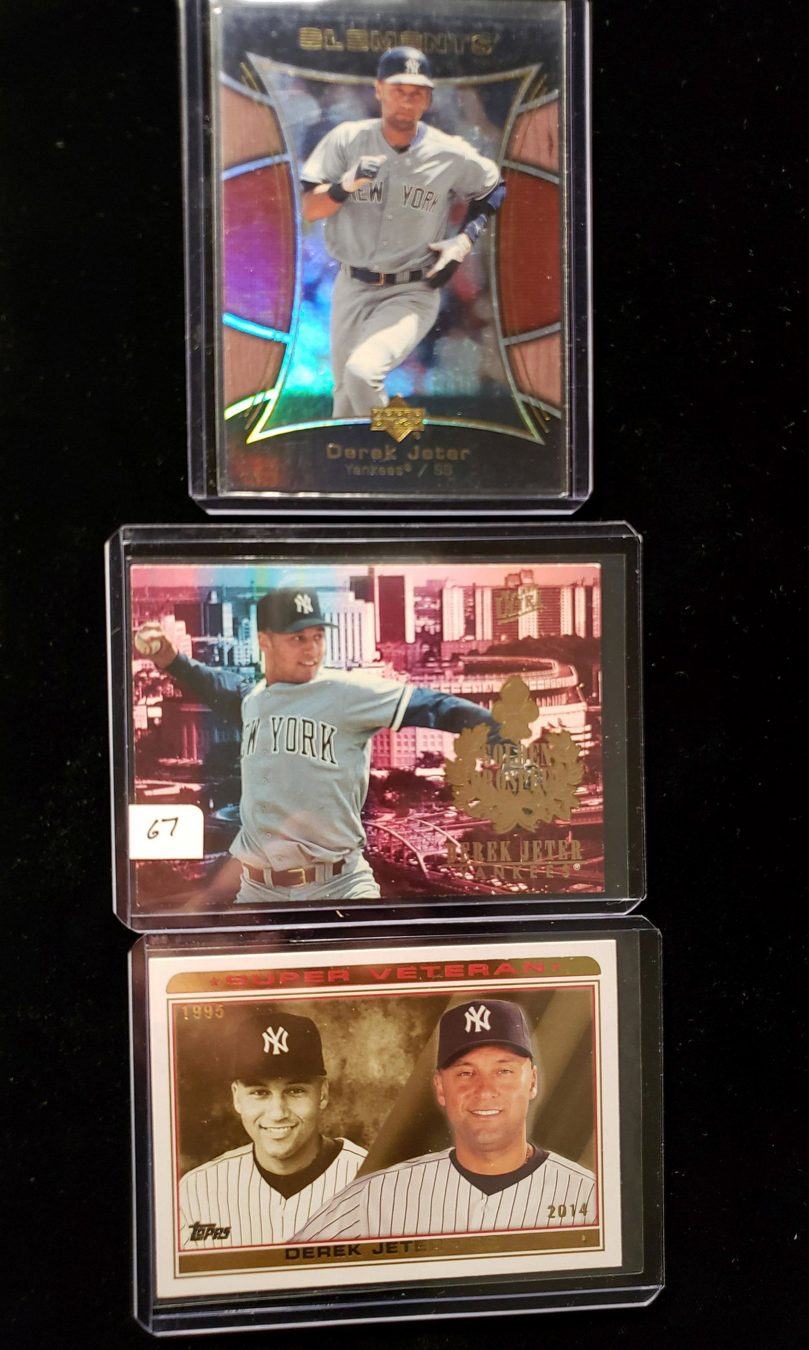 LOT OF 3 DEREK JETER BASEBALL CARDS: 2007 UPPER DECK ELEMENTS,1996 GOLDEN PROSPECTS AND 2014 SUPER VETEREN INSERT CARD