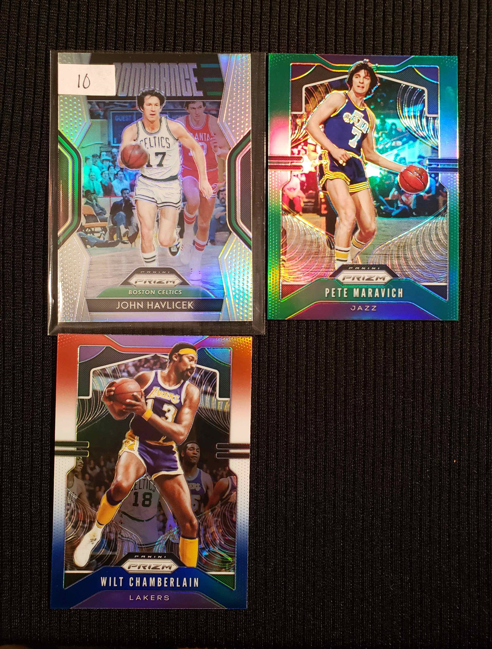 NBA BASETBALL LEGENDS AND HALL OF FAMERS SHORT PRINTS: JOHN HAVLICEK SLVER, PETE MARAVICH GREEN AND WILT THE STILT RED WHITE BLUE PRIZM