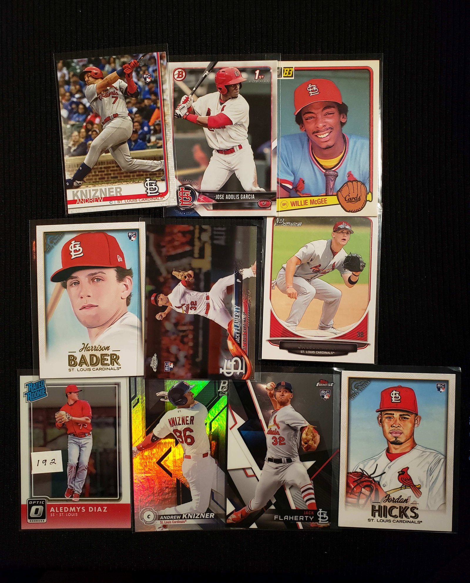 LOT OF 10 SAINT LOUIS CARDINALS ROOKIE CARDS: ANDREW KNIZNER, JACK FLAHERTY, JORDAN HICKS,HARRISON BADER, WILLIE MCGEE