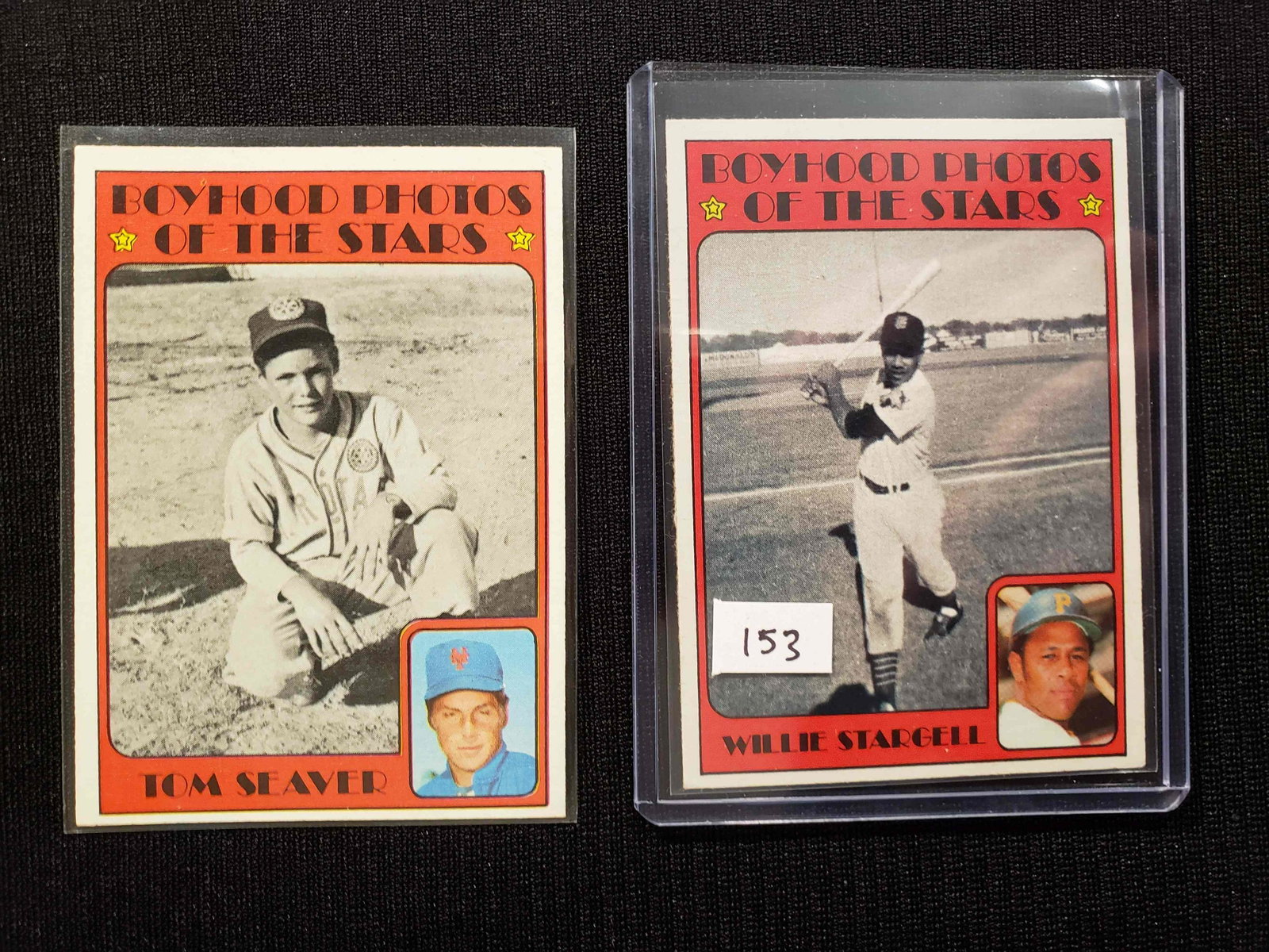 1972 TOPPS BASEBALL PHOTOS OF THE STARS INSERTS: WILLIE STRAGEL AND TOM SEAVER BOYHOOD PHOTO INSERTS NRMT