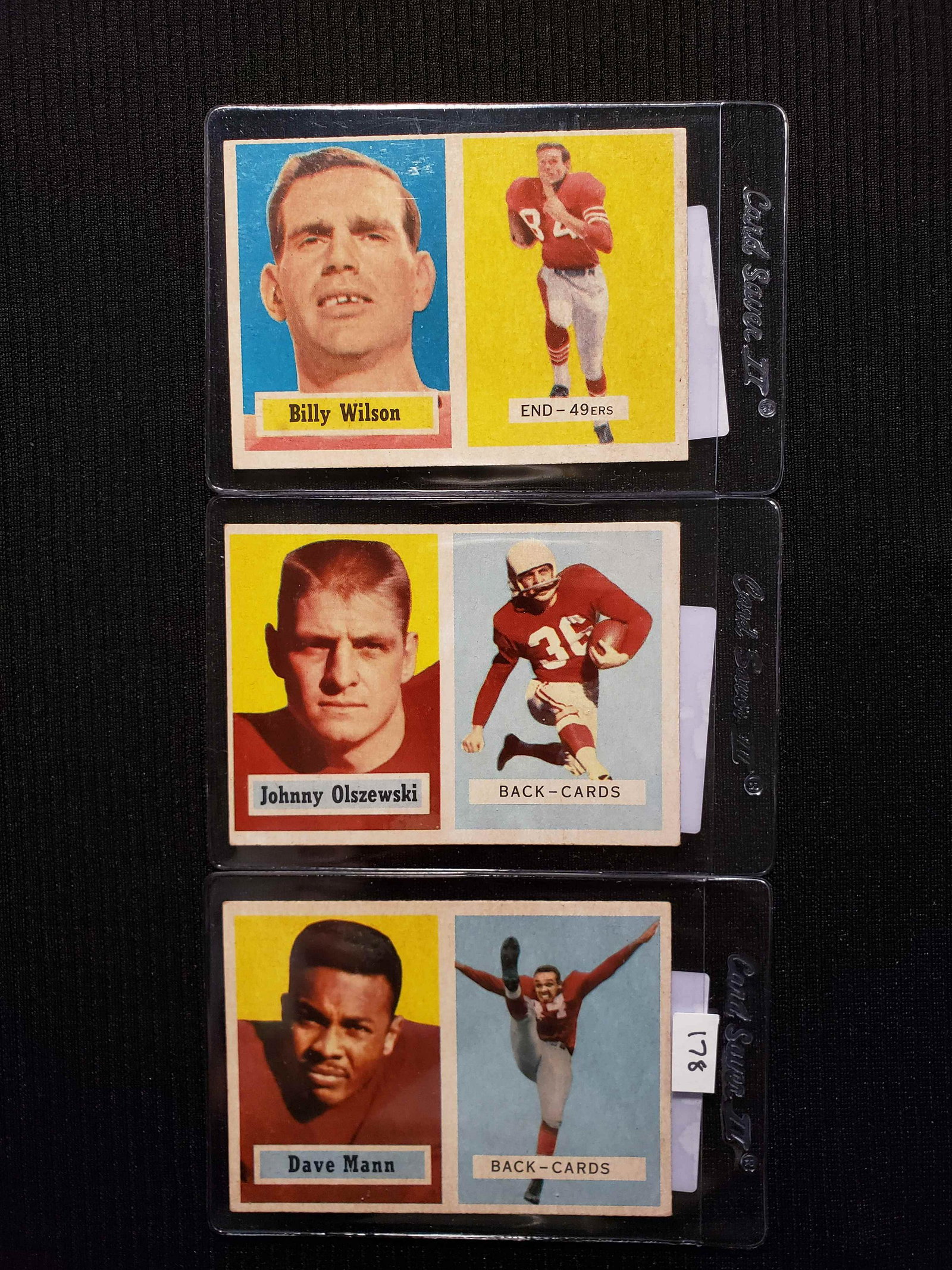 LOT OF 3 1957 TOPPS FOOTBALL CARDS: DAVE MANN CHICAGO CARDINALS, BILLY WILSON 49ERS, JOHNNY OLSZEWSKI