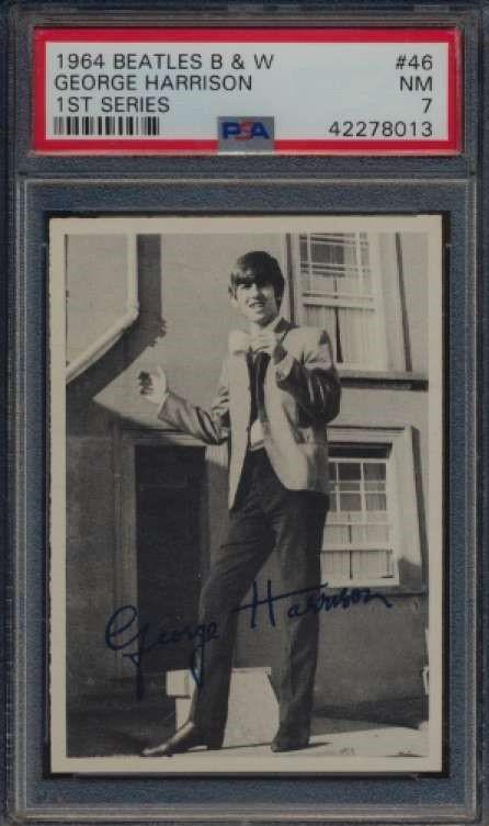 PSA GRADED ORIGINAL 1964 BEATLES BLACK AND WHITE CARD: 1964 BEATLES FIRST SERIES #46 GEORGE HARRISON PSA 7 NEAR MINT
