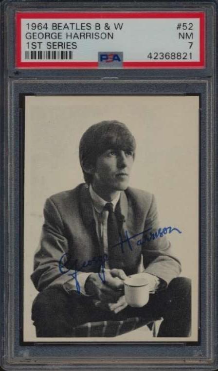 PSA GRADED ORIGINAL 1964 BEATLES BLACK AND WHITE CARD: 1964 BEATLES FIRST SERIES #52 GEORGE HARRISON PSA 7 NEAR MINT