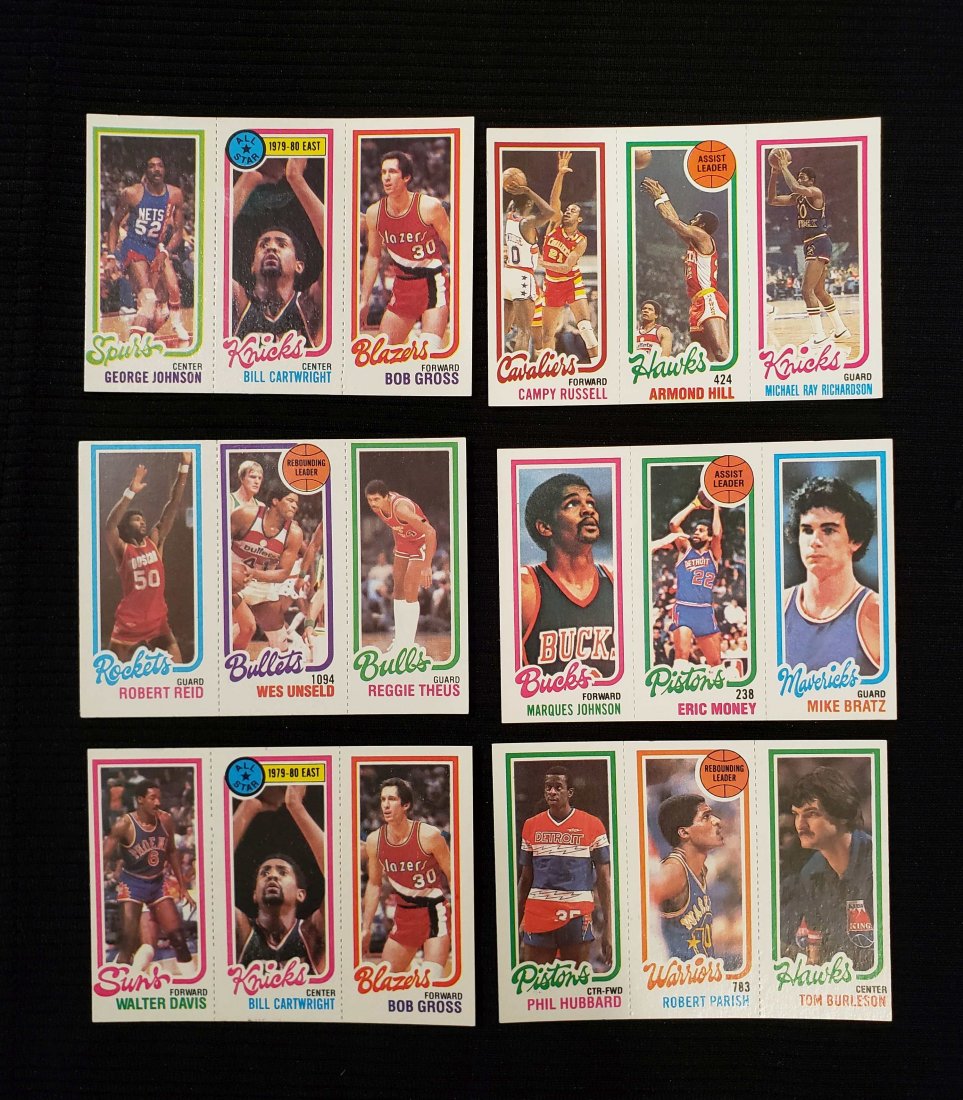 1980-81 TOPPS BASKETBALL 6 MINT PANELS: 1980 HIGH GRADE BASKETBALL CARDS LOT OF 6 DIFFERENT PANELS WITH CAMPY RUSSELL, BILL CARTWRIGHT, WES UNSELD, ROBERT PARISH