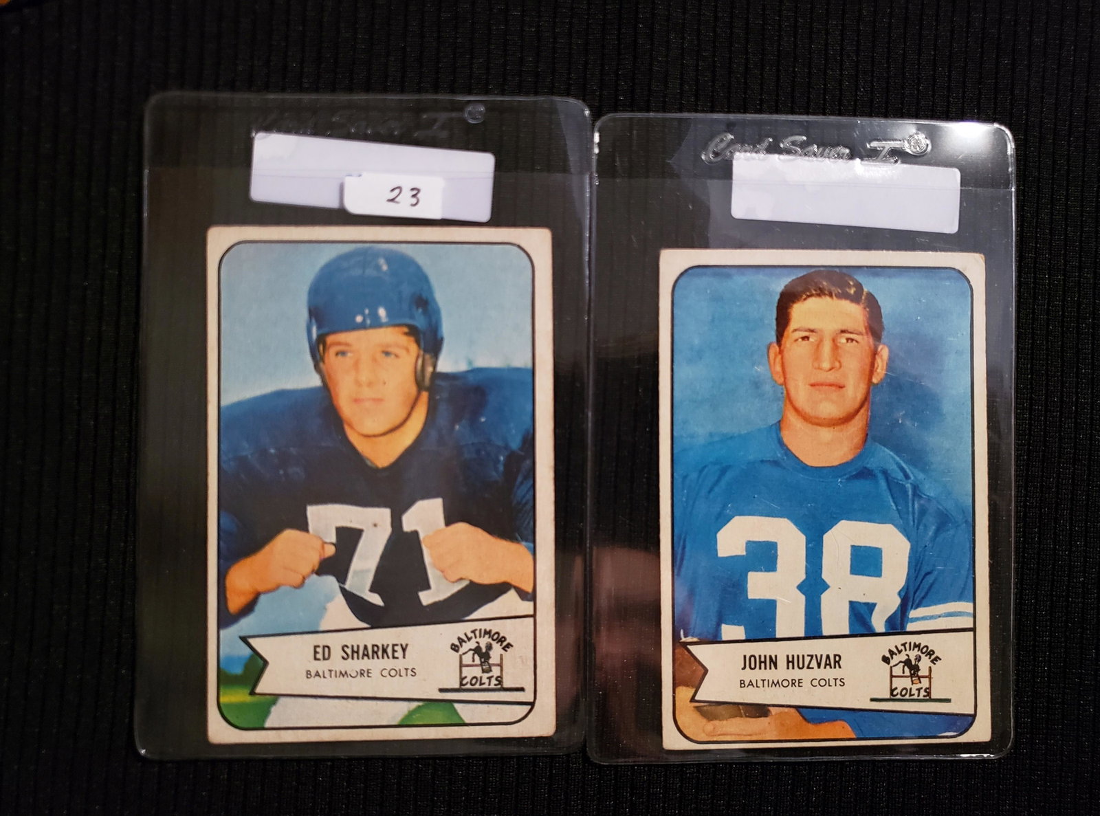 1954 BOWMAN FOOTBALL CARDS IN EX+ CONDITION: LOT OF 2 '54 BOWMAN FOOTBALL #2 JOHN HUZVAR BALT. COLTS AND ED SHARKEY COLTS