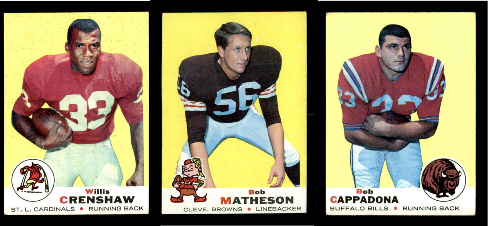 VINTAGE 1969 Topps Football Cards: #27 Bob MathesonÂ RC, #21 Willis Crenshaw, #40 Bob CappadonaÂ RC