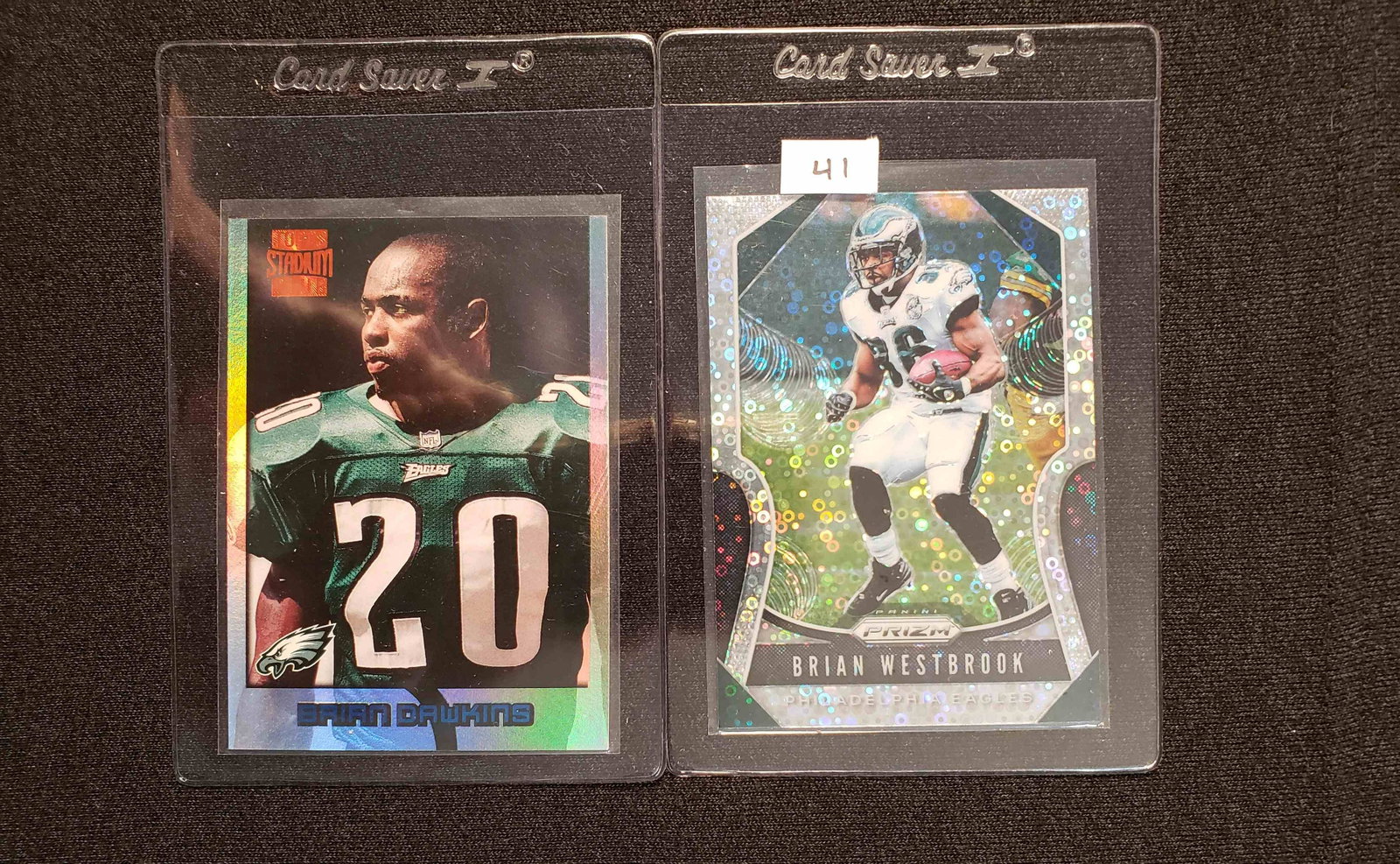 BRIAN DAWKINS PHILADELPHIA EAGLES ROOKIE CARD & DISCO: 1996 TOPPS STADIUM CLUB, 2019 PRIZM FOOTBALL