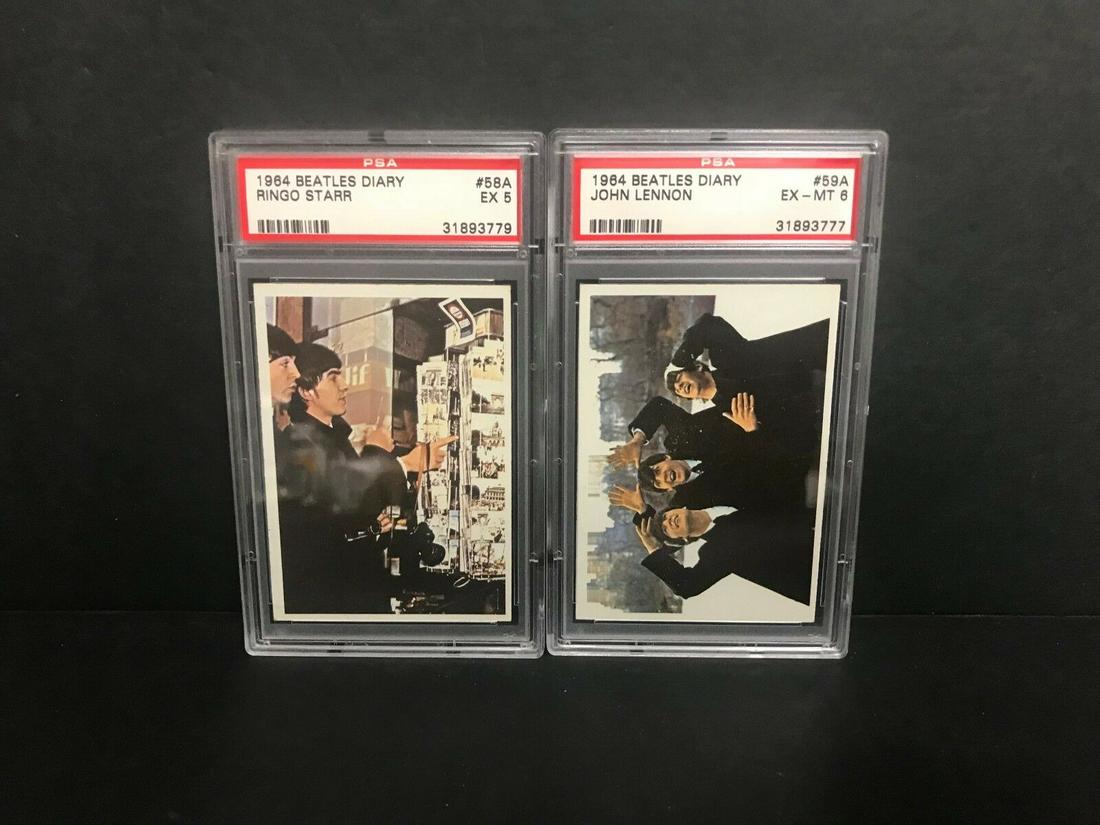 LOT OF PSA GRADED 1964 BEATLES DIARY TRADING CARDS: PSA GRADED 1964 BEATLES DIARY TRADING CARD FEATURING RINGO STARR #58A AND JOHN LENNON #59A