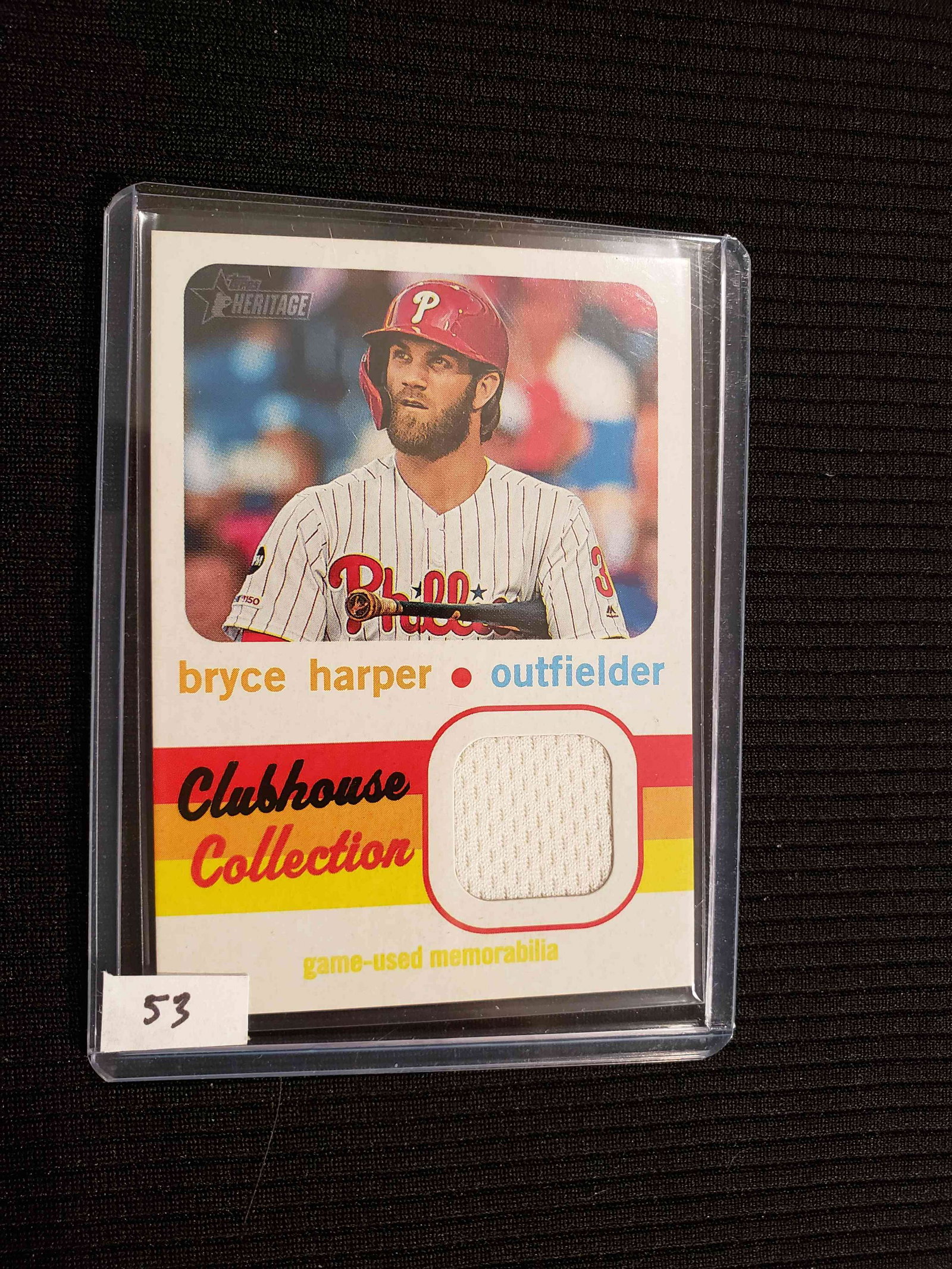BRYCE HARPER PHILA PHILLIES GAME USED JERSEY CARD: 2020 HERITAGE CLUBHOUSE COLLECTION BRYCE HARPER MEMORABILIA CARD