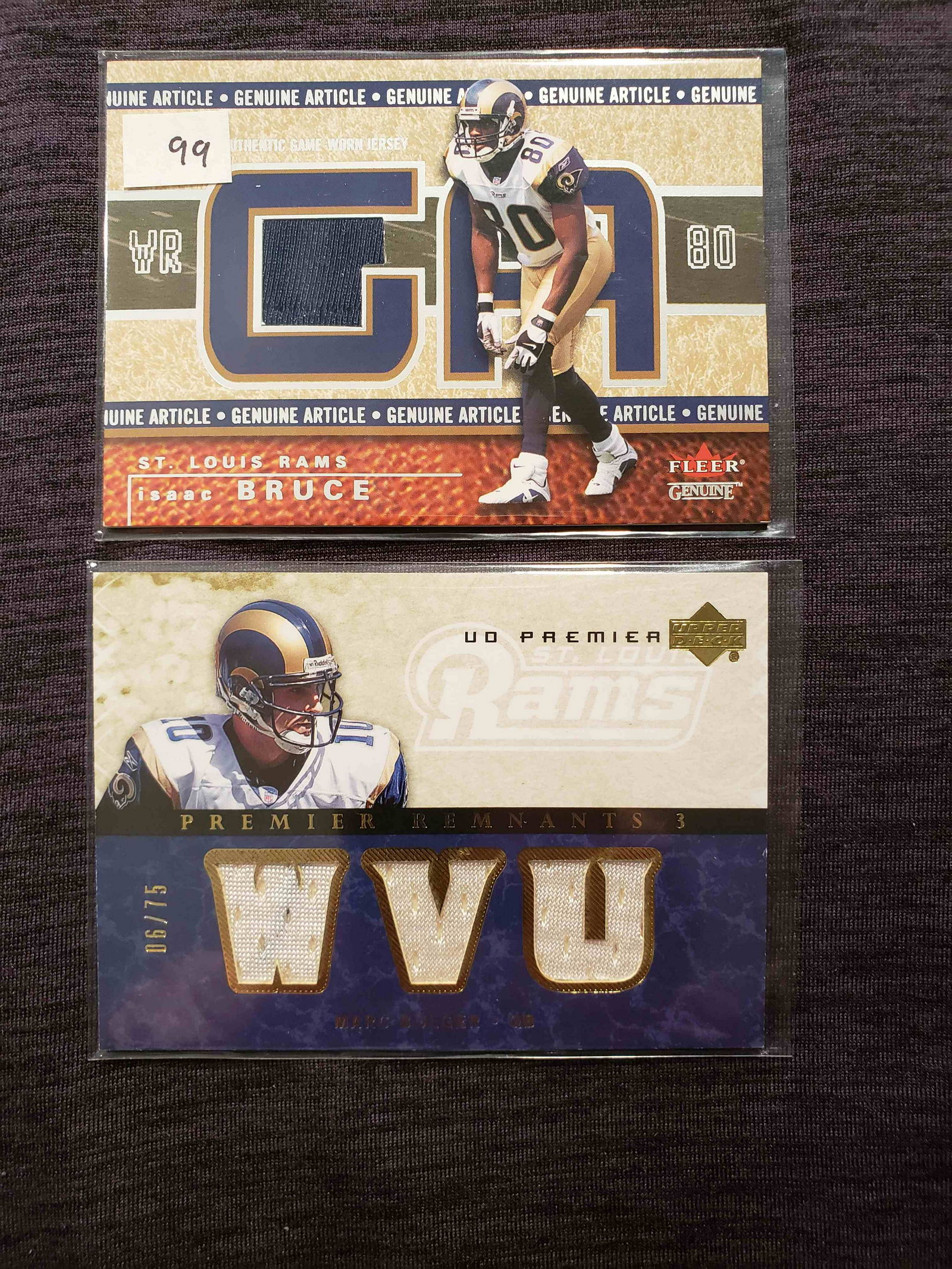ST LOUIS RAMS FASTEST SHOW ON TURF RELIC JERSEY CARDS: MARK BULGER TRIPLE RELIC NUMBERED 06/75 AND ISAAC BRUCE FLEER GENUINE ARTICLE JERSEY CARD