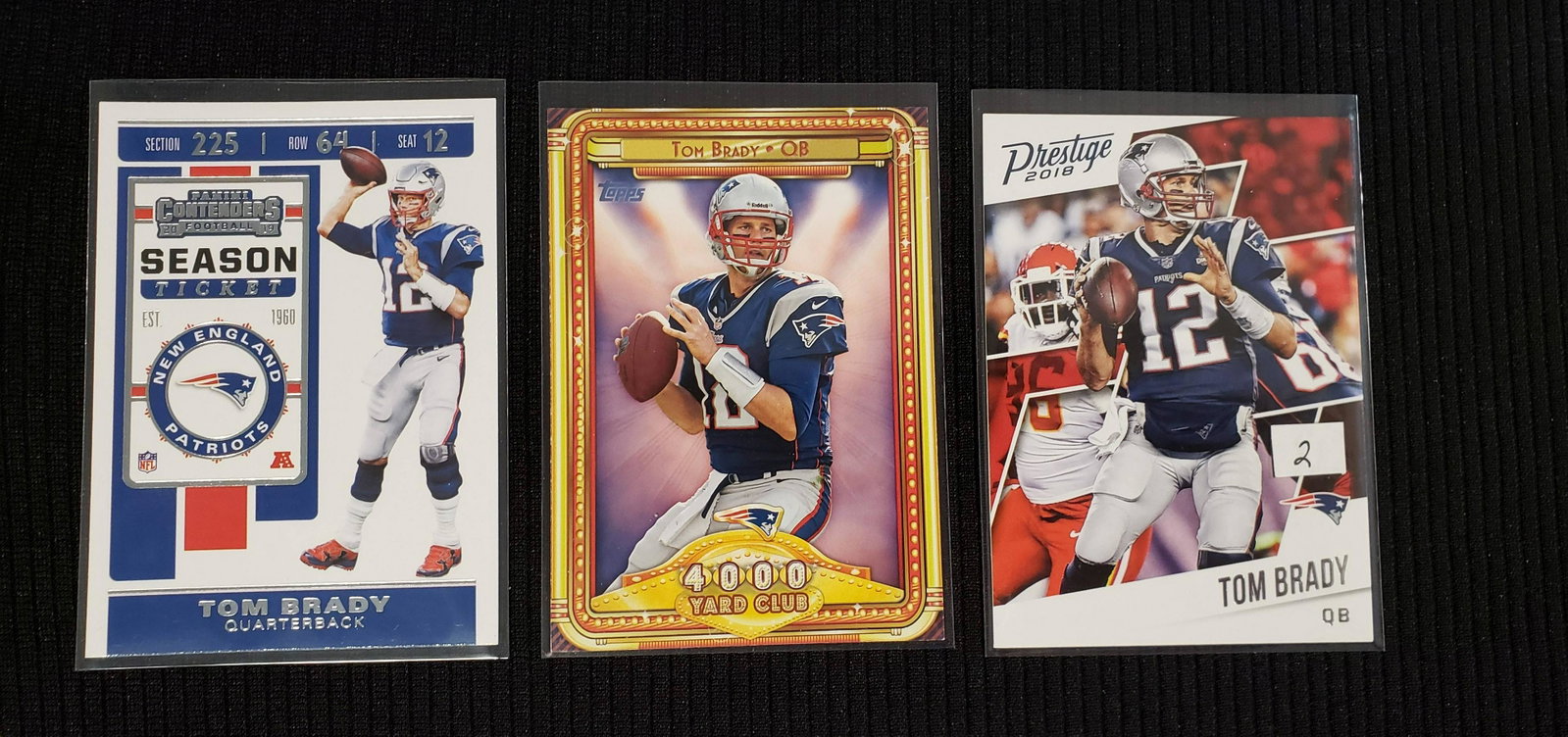 LOT OF 3 TOM BRADY FOOTBALL CARDS: 2019 CONTENDERS, 2018 PRESTIGE AND 2013 TOPPS 4000 YARD CLUB INSERT CARD