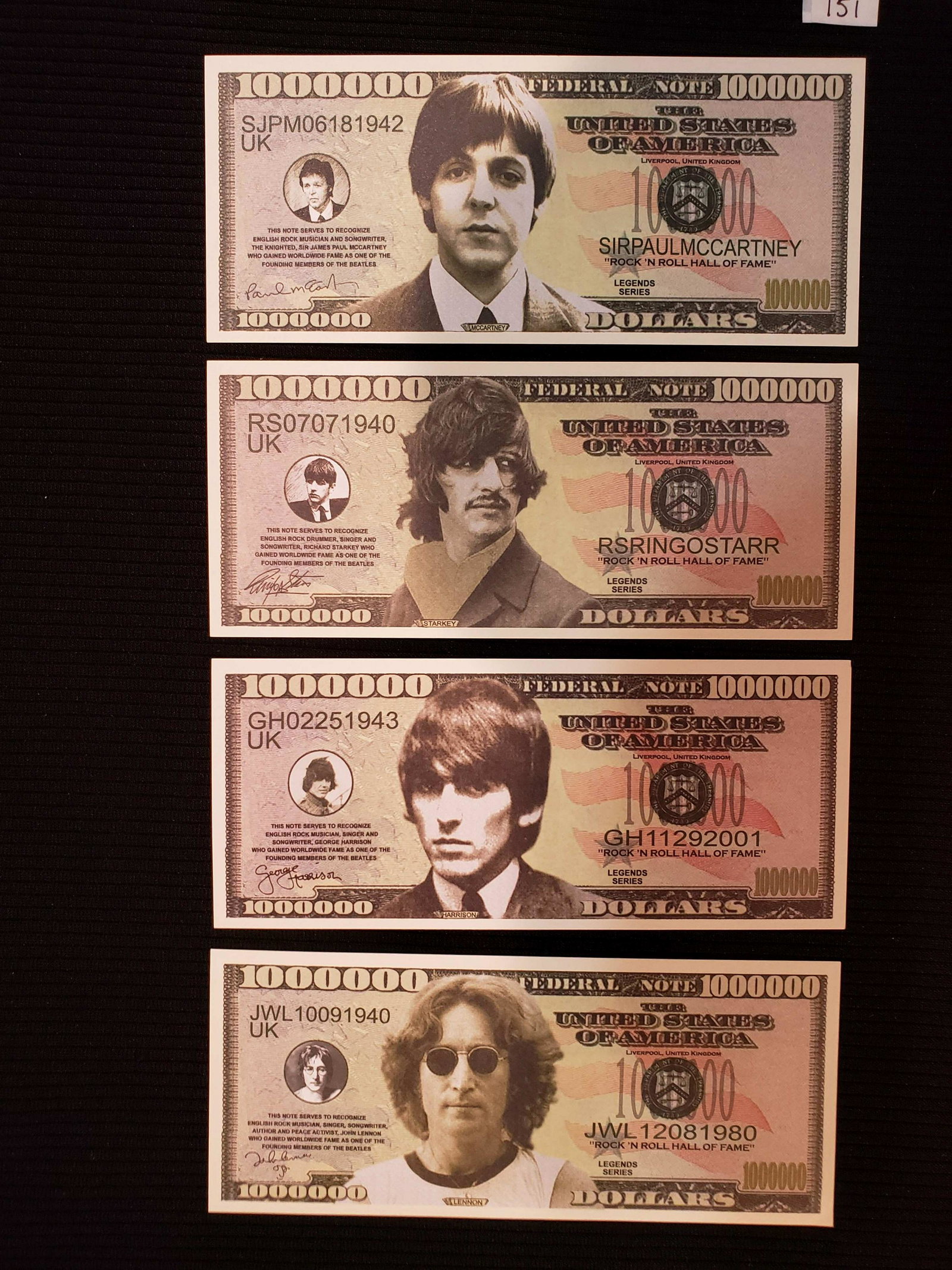 LOT OF 4 BEATLES FANTASY NOTES: JOHN PAUL GEORGE AND RINGO THE FAB 4 NOVELTY BILLS