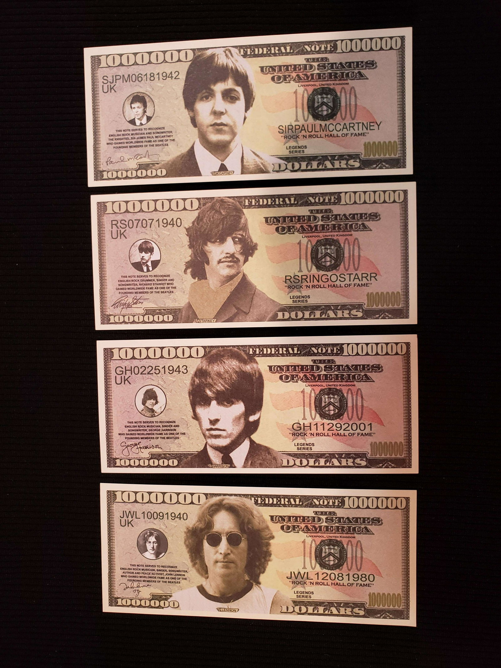 BEATLES FANTASY NOTES: JOHN PAUL GEORGE AND RINGO THE FAB 4 NOVELTY BILLS