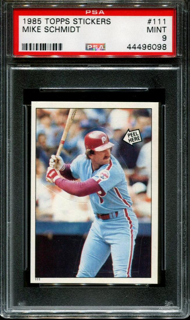 SLABBED HALL OF FAMER MIKE SCHMIDT 1985 TOPPS STICKER: 1985 TOPPS STICKERS #111 MIKE SCHMIDT PHILLIES HOF PSA 9