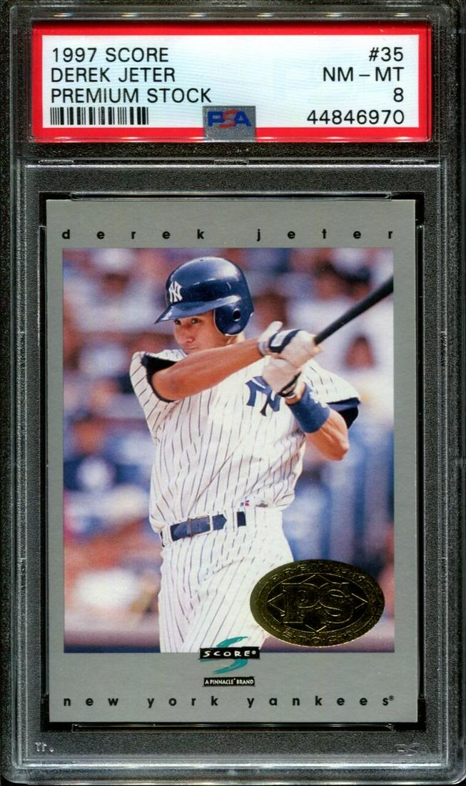 PSA SLABBED LOW POPULATION DEREK JETER HALL OF FAMER: 1997 SCORE PREMIUM STOCK #35 DEREK JETER HOF POP 5 PSA 8