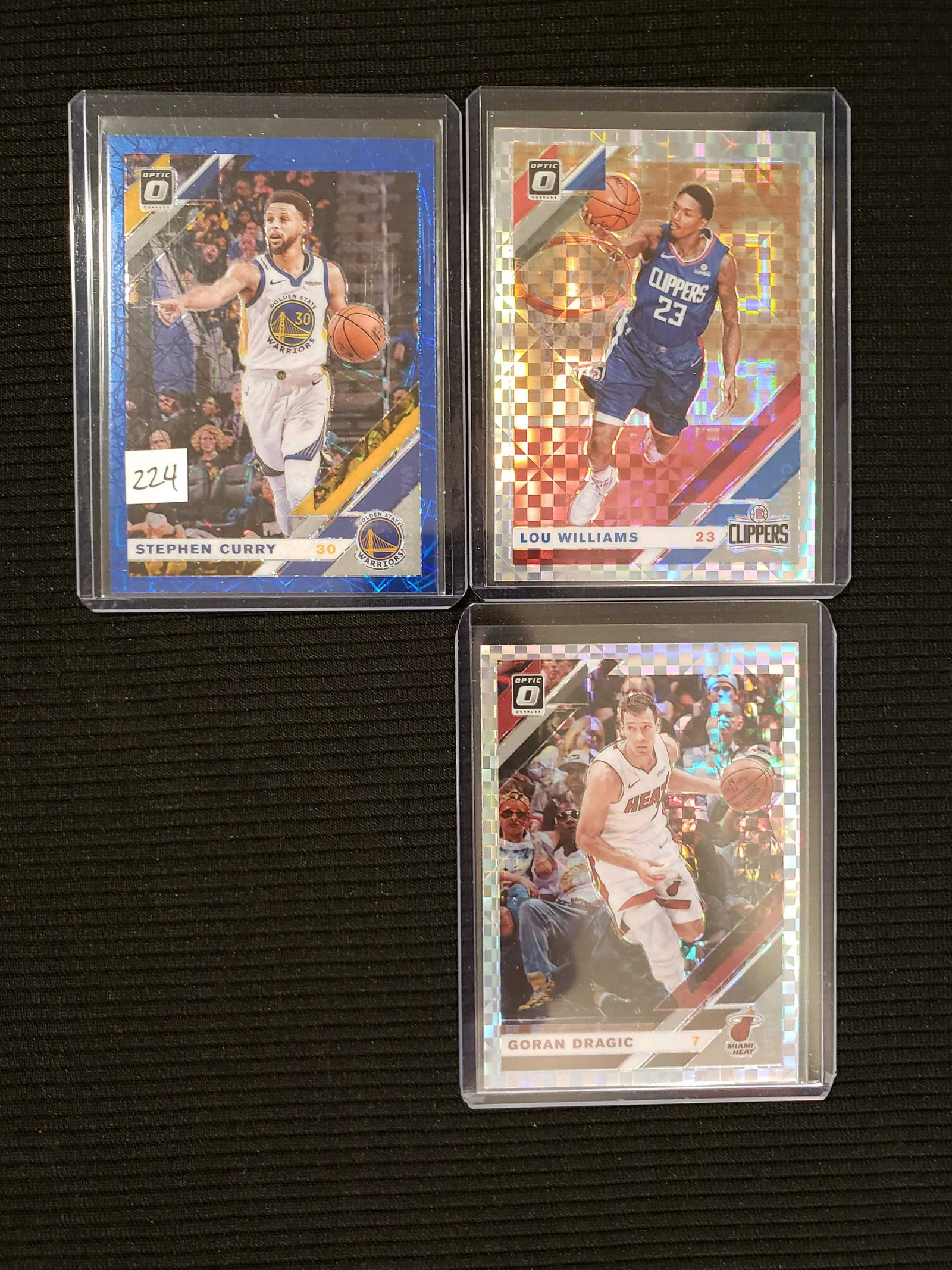 2019-2020 OPTIC BASKETBALL SP PARALLELS: STEPHEN CURRY BLUE VELOCITY PRIZM, LOU WILLIAMS/GORAN DRAGIC CHECKERBOARD PRIZMS