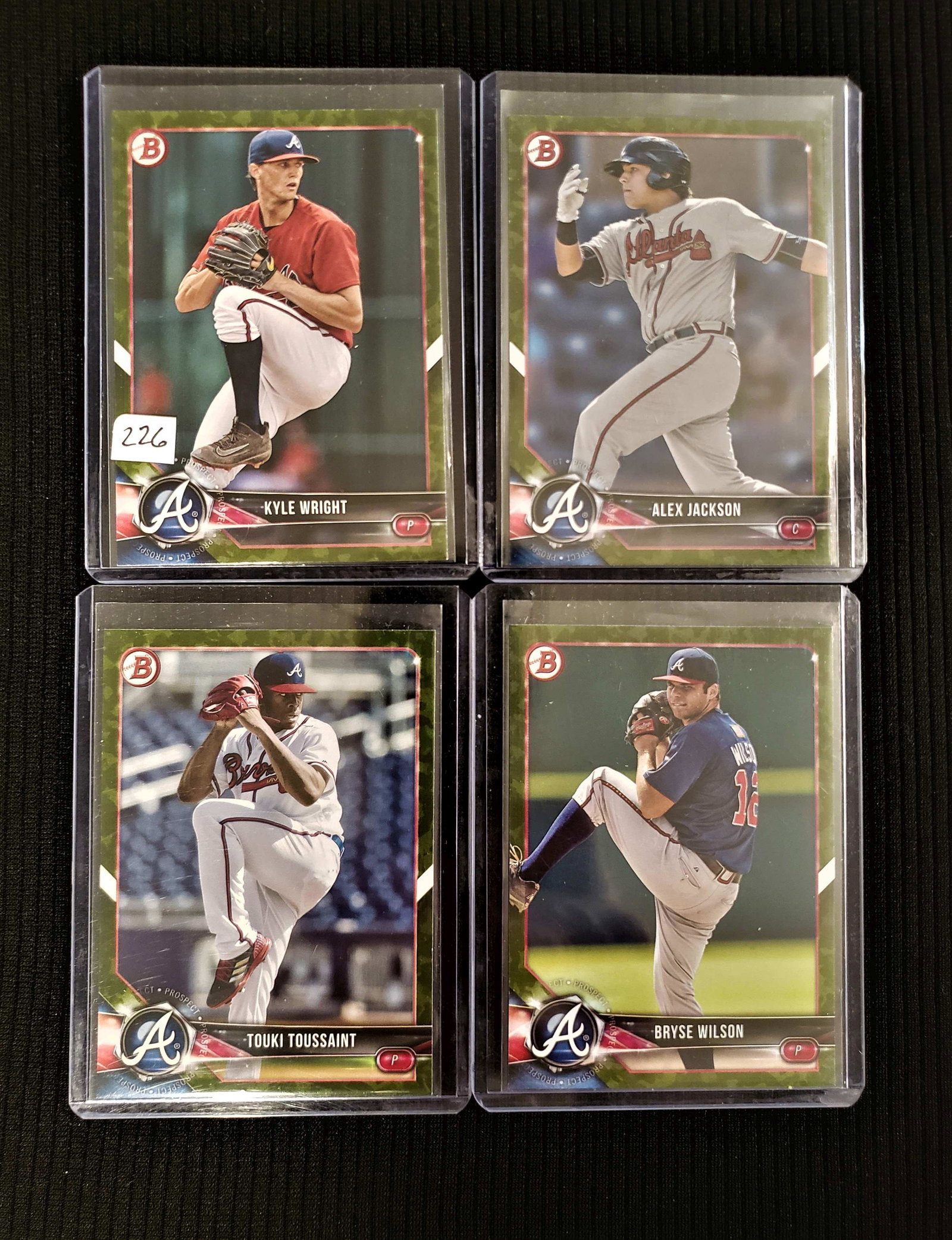ATLANTA BRAVES 2018 BOWMAN CAMO GREEN ROOKIES: KYLE WRIGHT, ALEX JACKSON, BRYSE WILSON, TOUKI TOUSSAINT ROOKIE SPS